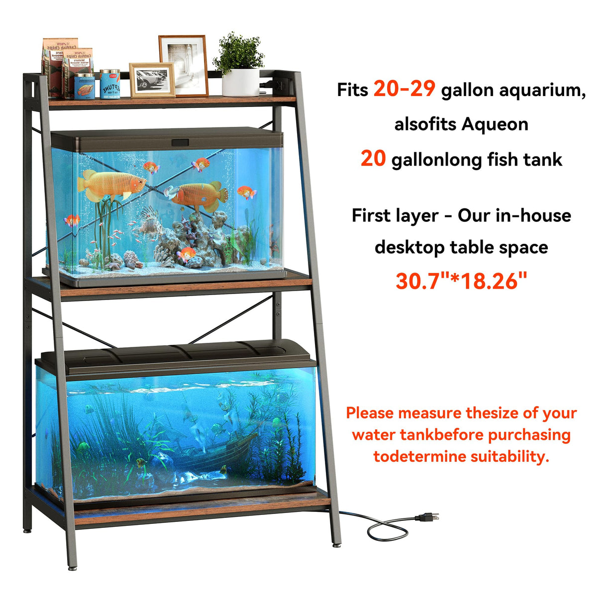 Herture 20-29 Gallon Fish Tank Stand with Shelf, Metal Frame Aquarium Stand with Storage and Power Outlet, for 2 x 20 Gallon Long Aquarium,30.7" L*18.26" W Reptile Tank Rustic Brown PG09YGN Herture