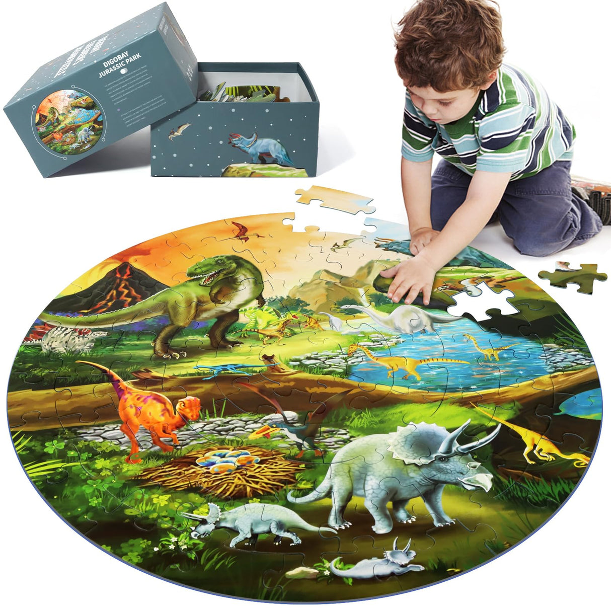 DIGOBAY Floor Puzzles for Kids Ages 3-8, 70 Piece Dinosaur Jigsaw Puzzle for Kids Ages 3+ Year Old Large Round Toddler Puzzles Preschool Learning Educational Toys Gift for Boys Girls (Tyrannosaurus) DIGOBAY