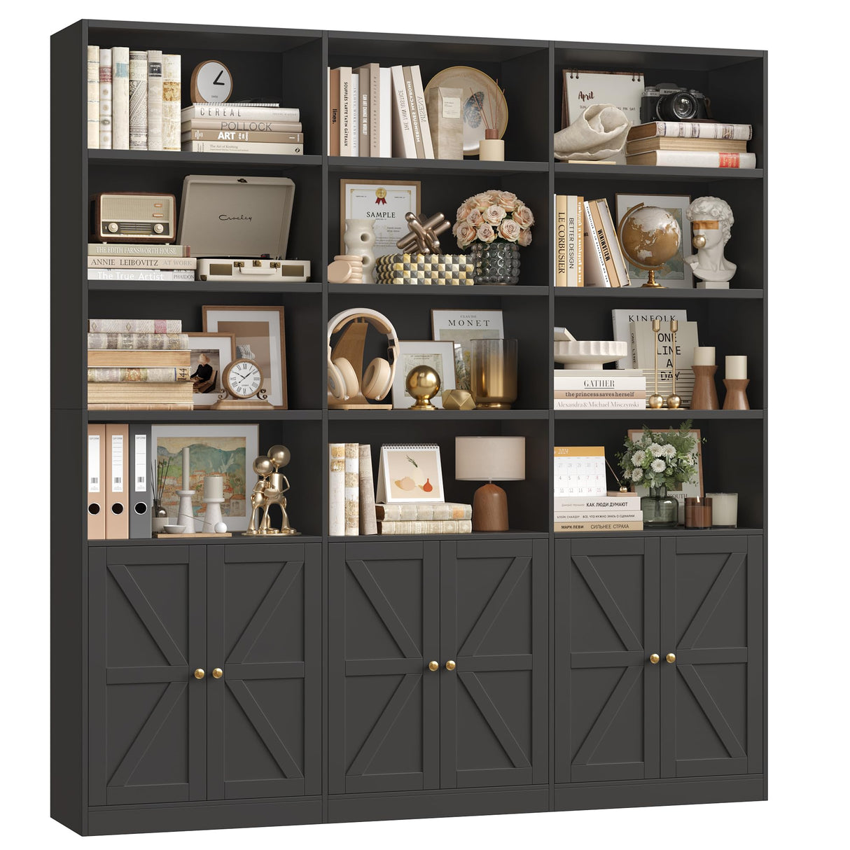 FACBOTALL 75" Triple Wide Bookshelf, Bookshelf and Bookcase with 6 Farmhouse Doors, 71" Wide 6 Tier Book Shelf with 18 Storage Shelves, Large Wooden Bookshelves, Tall Bookcase for Home Office, Black FACBOTALL