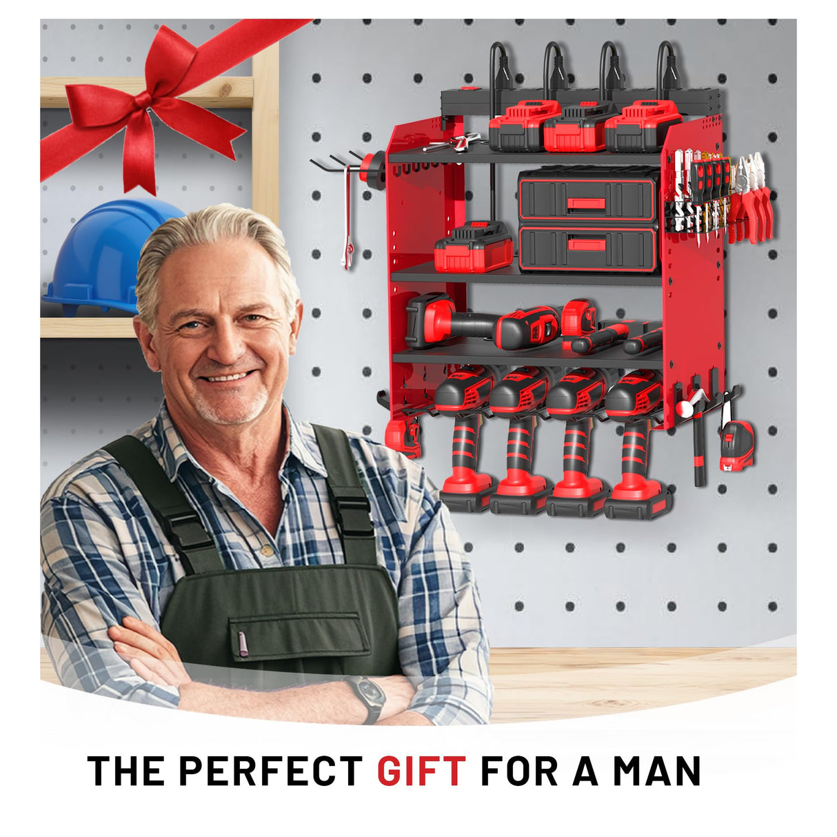 Power Tool Organizer Wall Mount with Charging Station, Garage 4 Drill Storage Shelf with Cordless Tool Holder, Heavy Duty Rack with 8 Outlet Power Strips and Hooks, Gift for Men, Husband (4 Layer) OKCHILD