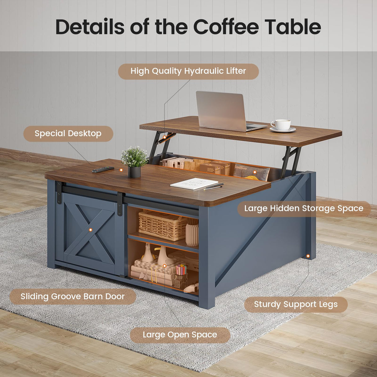 SEDETA 31.5" Lift Top Coffee Table with Storage, Square Coffee Tables for Living Room, Farmhouse Coffee Table with Large Hidden Storage Compartment and Adjustable Shelves, Blue SEDETA