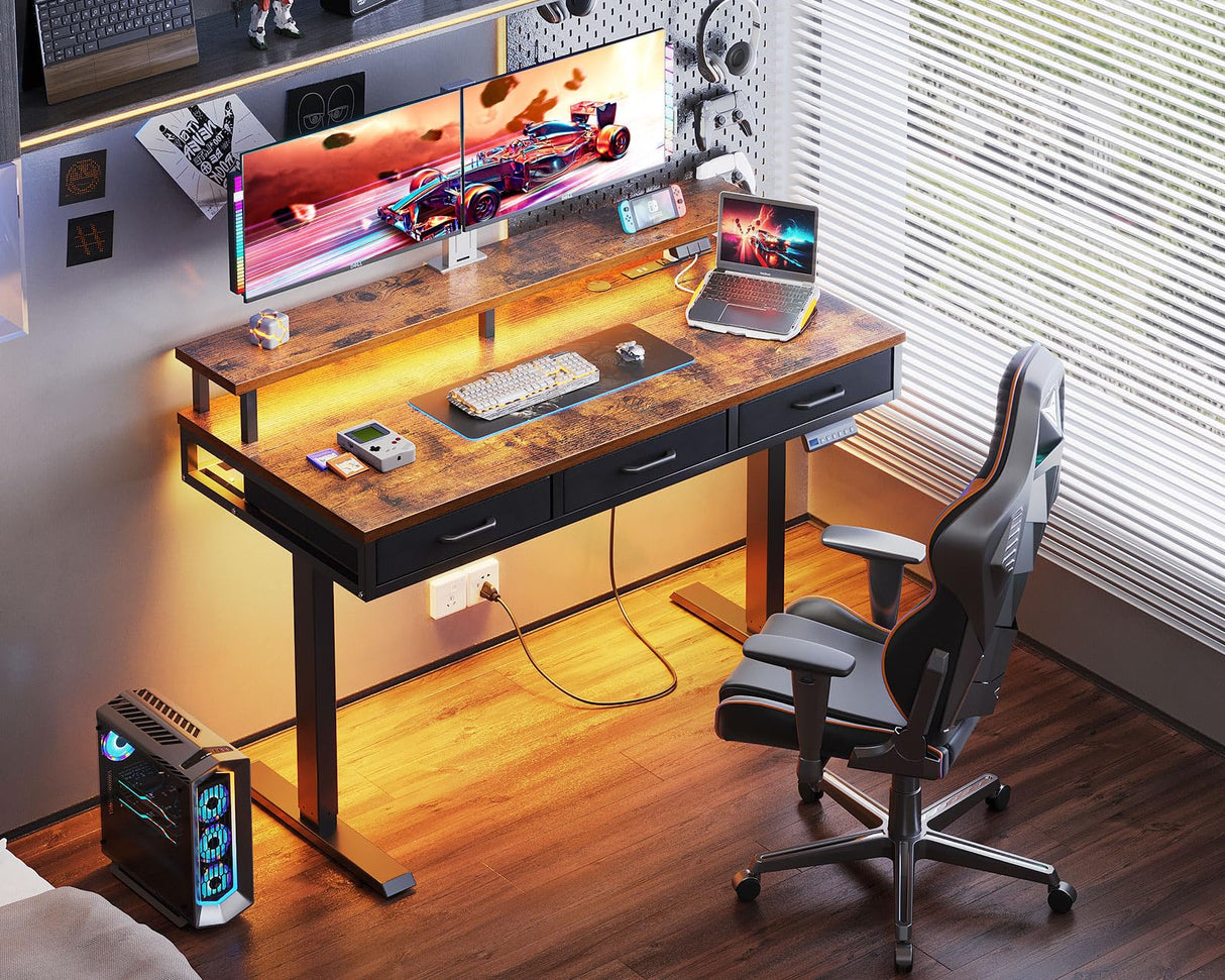 AODK 55 Inch Electric Standing Desk with 3 Drawers, Brown, Height Adjustable Desk with Power Outlets & LED Lights, Stand Up Desk with Monitor Shelf, Sit Stand Desk Computer Workstation AODK