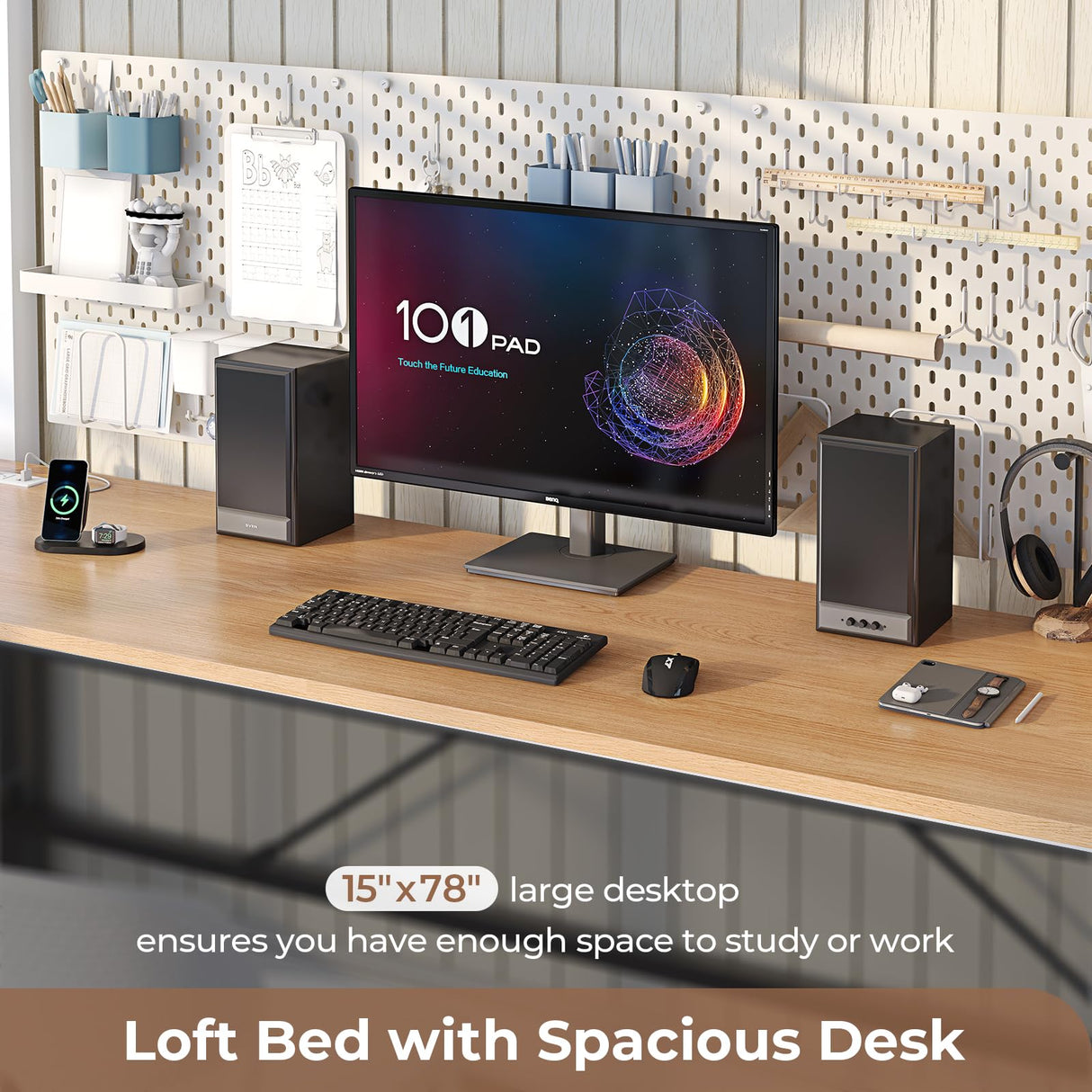 Hasuit Full Size Metal Loft Bed with Desk, LED Lights & Charging Station - Sturdy Space-Saving Bed Frame, Loft Bed Full Size Includes Safety Guard Rail & Ladder, No Box Spring Needed, Durable, White Hasuit