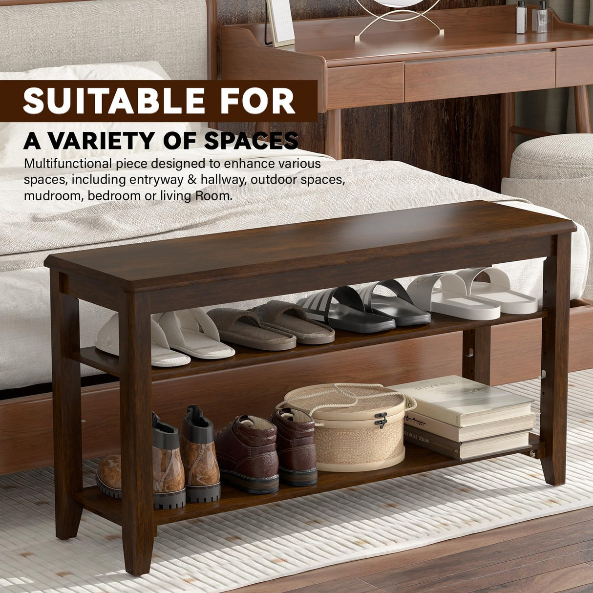 Taitiy Shoe Bench Storage Rubberwood, Entryway Bench with 3-Tiers Height Adjustable, Shoe Rack Front Door Entrance Organizer for Hallway Living Room, Mudrooms, Walnut,31.5" Taitiy