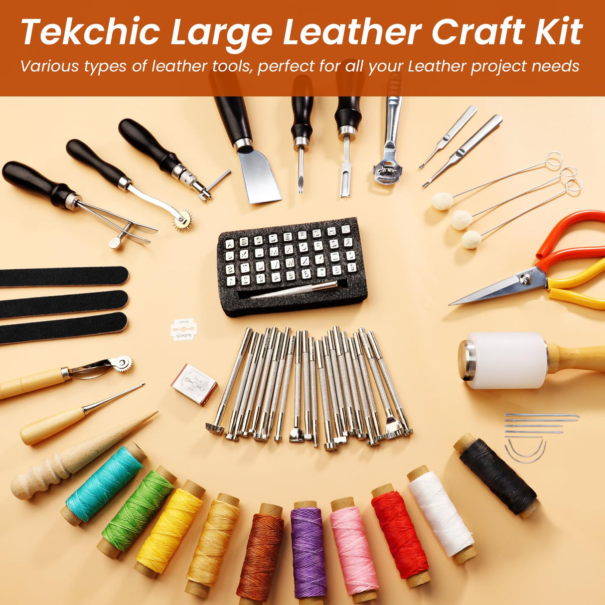 Leather Working Tools Craft Kit for Carving Stamping Sewing Punching Cutting with Storage Bag Professional Leather Tooling kit for DIY Crafting TEKCHIC