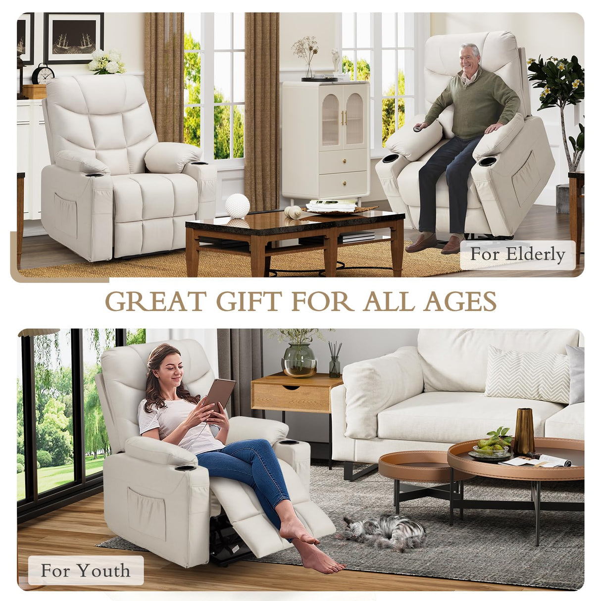Esright Power Lift Recliner for Elderly, Electric Lift Chair with Heated Vibration Massage,Heavy Duty Electric Recliner with Side Pockets, USB Charge Port & Cup Holders, Cream Beige Esright