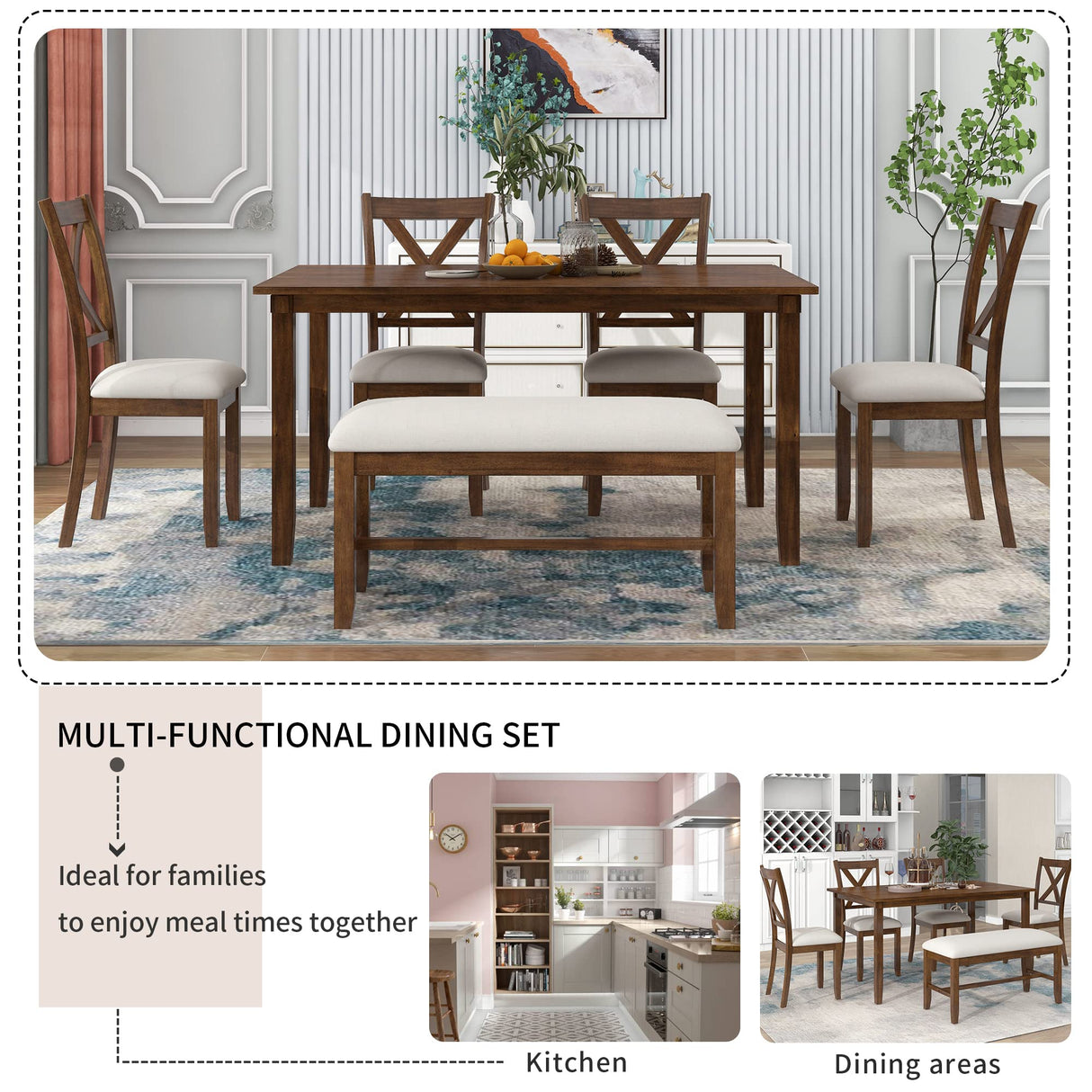 Harper & Bright Designs 6 Pieces Dining Table Set, Wooden Rectangle Table and 4 Chairs with Bench with Cushion, Kitchen Table Chairs Set for 6 Persons, Dining Room Set - Natural Cherry Harper & Bright Designs