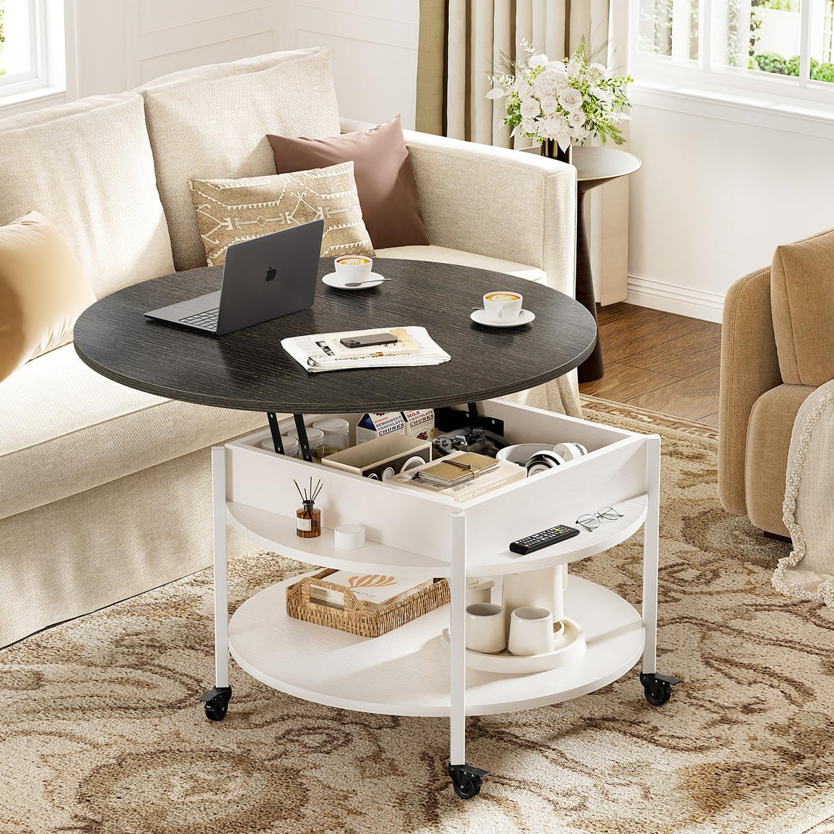 FABATO Round Lift Top Coffee Table with Wheels, Circle Center Table with Storage and Compartment, 26.77’’ Rolling Coffee Table for Living Room, 2 Tier Small Coffee Table Circle Dining Table, White FABATO
