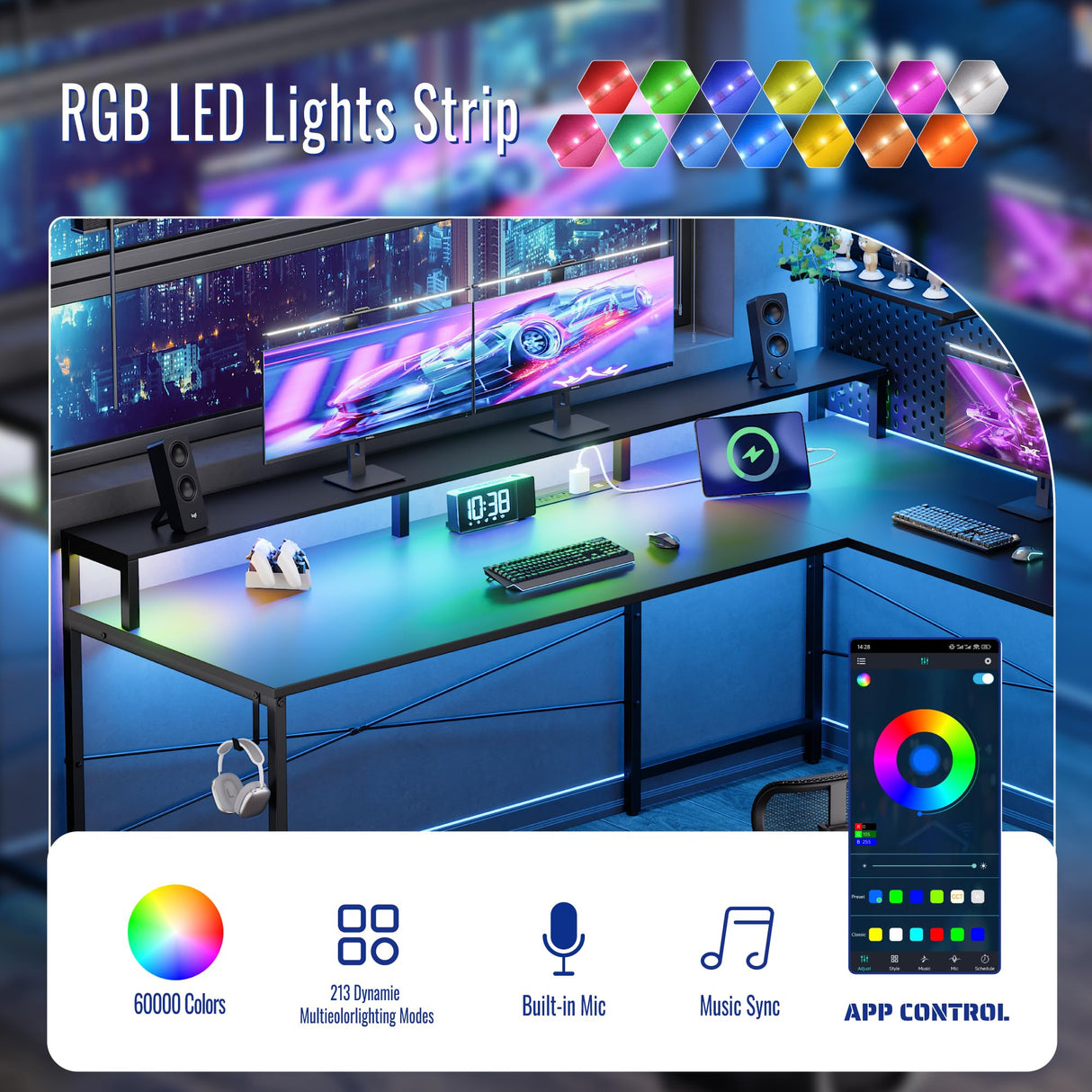 Pamray 64 Inch L Shaped Gaming Desk with Power Outlets and Led Lights, Large Corner Computer Desk with Monitor Stand and Pegboard, PC Table for Home Office and Bedroom Black Pamray