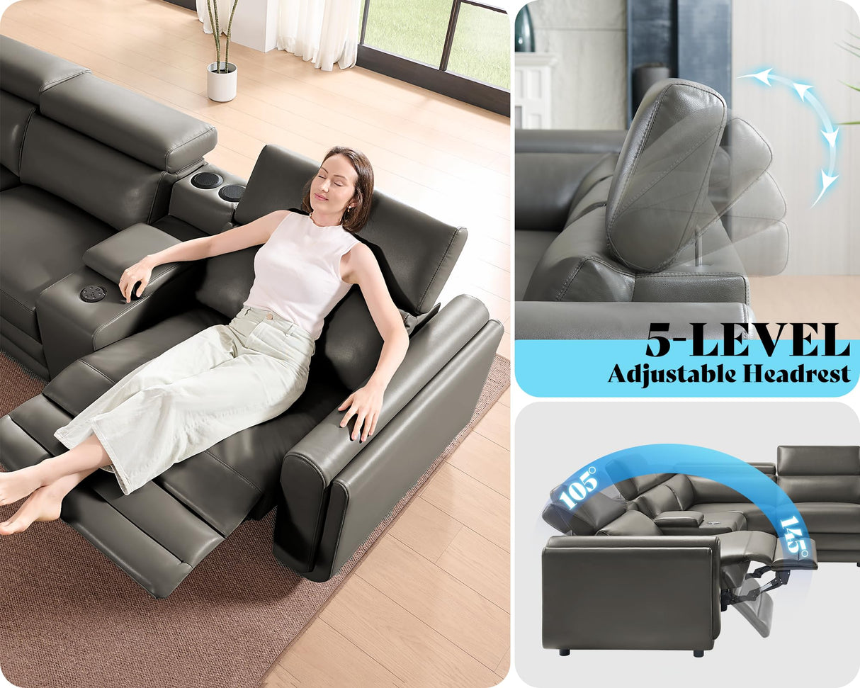 AMERLIFE Power Recliner Sofa, 129 Inch Oversized Reclining Sofa with Console & Speaker, 5 Seats L Shaped Sectional Couch for Living Room, Dark Grey Leather AMERLIFE