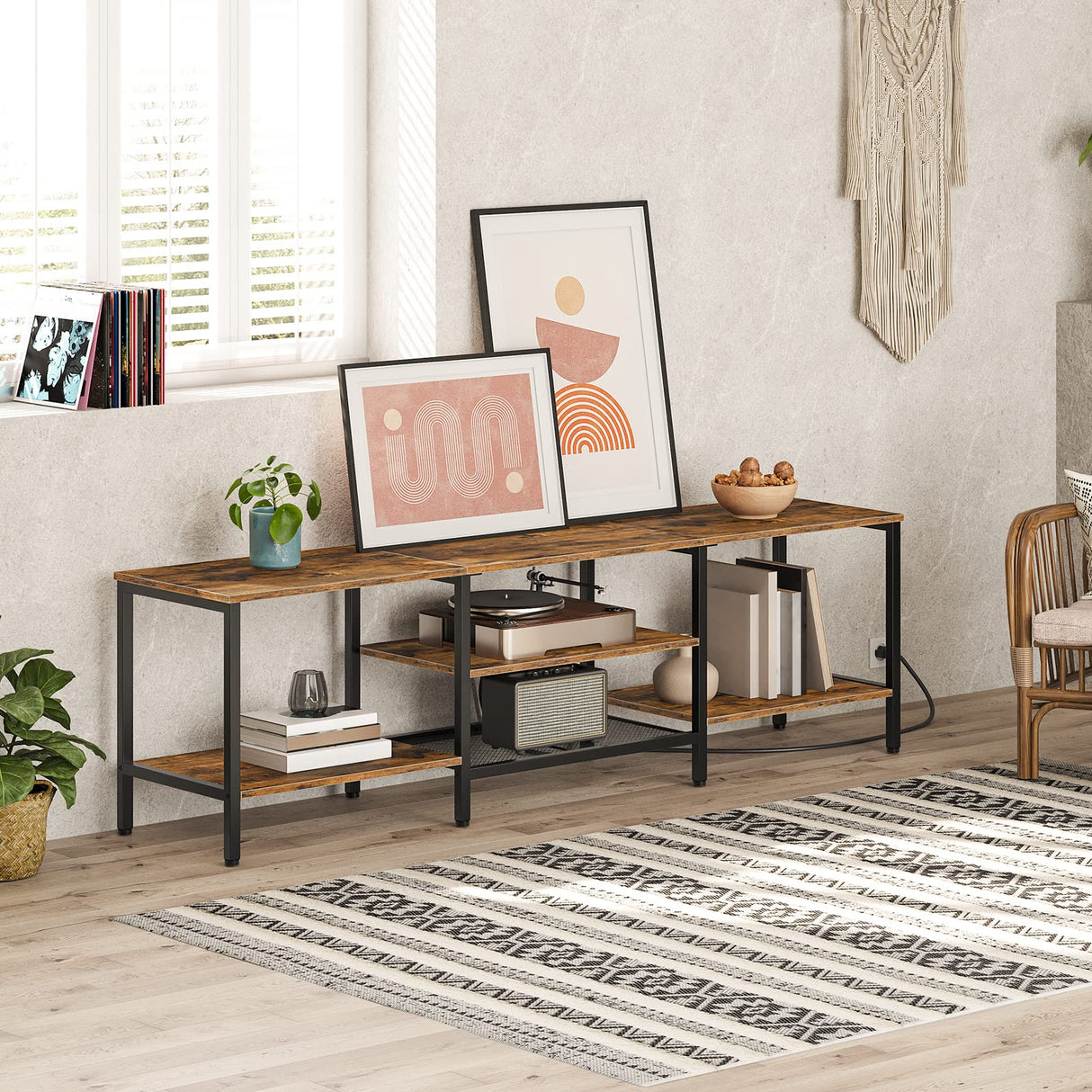 HOOBRO TV Stand with Power Outlets to 75 Inches, TV Console Table with Open Storage Shelves Cabinet, Industrial Media Entertainment Center for Living Room Bedroom, Rustic Brown and Black BF80DS01 HOOBRO