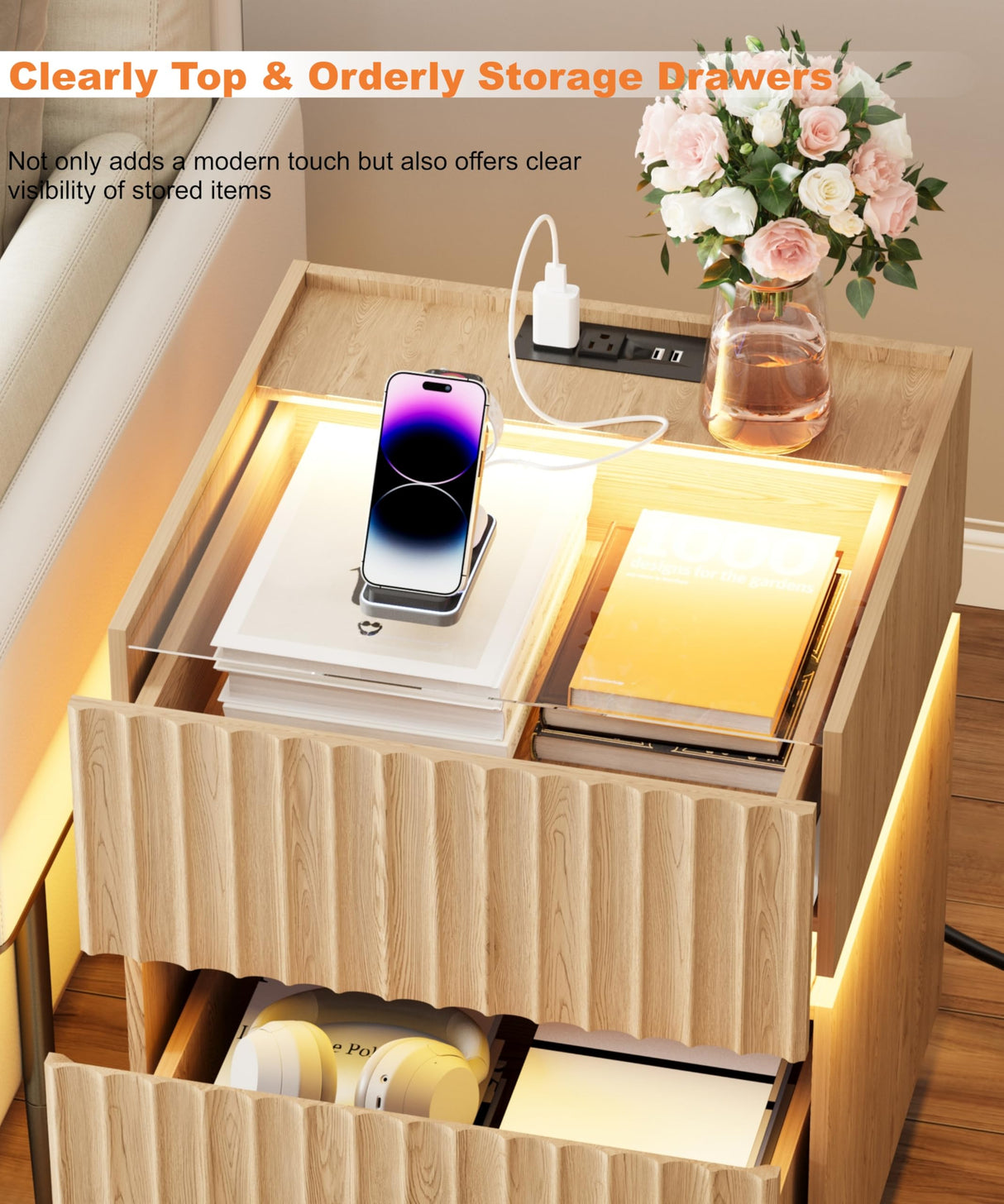 Irontar Fluted Nightstand with 2 Drawers & RGB LED Lights, Wooden Night Stand with Glass Top, Bedside Table with Charging Station, Modern End Side Table for Bedroom, Natural Oak BZZ012ME Irontar