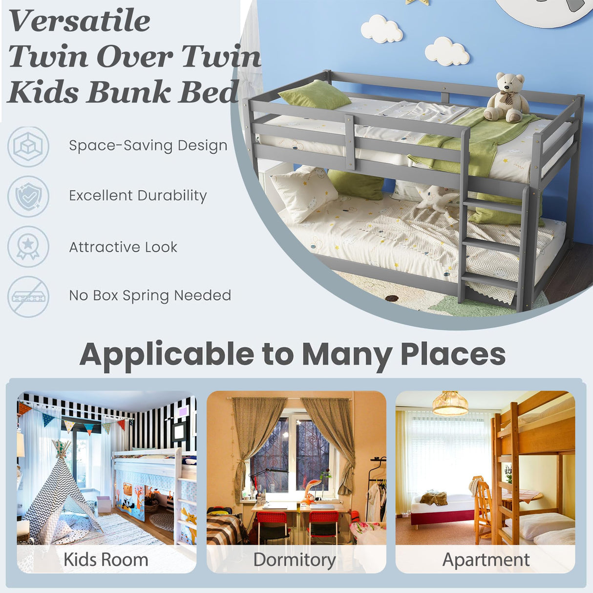 Mirightone Bunk Bed Twin Over Twin, Floor Bunk Bed with Ladder, Solid Wood Low Twin Bunk Beds for Kids Teens, Ideal for Multiple-Child Family, Apartment, Dormitory, No Box Spring Needed,Grey Mirightone