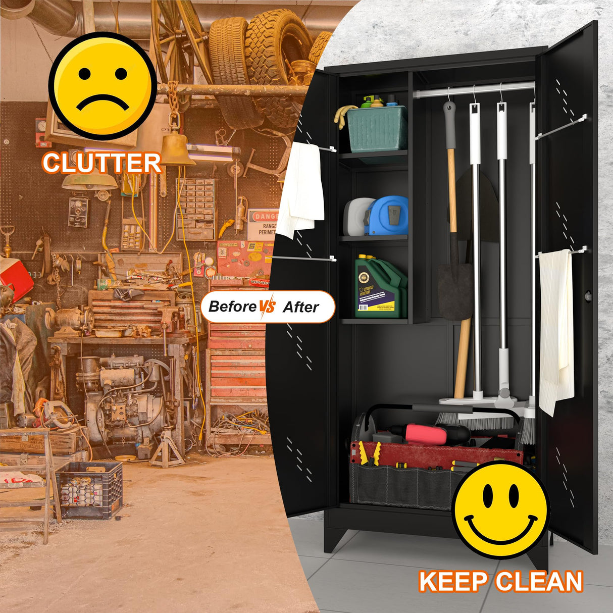 Metal Garage Storage Cabinet, 75“ Cleaning Tool Storage Cabinet, Multifunctional Garage Storage Broom Closet with Doors, Handing Rod (Black, Door-2) CBNTKI