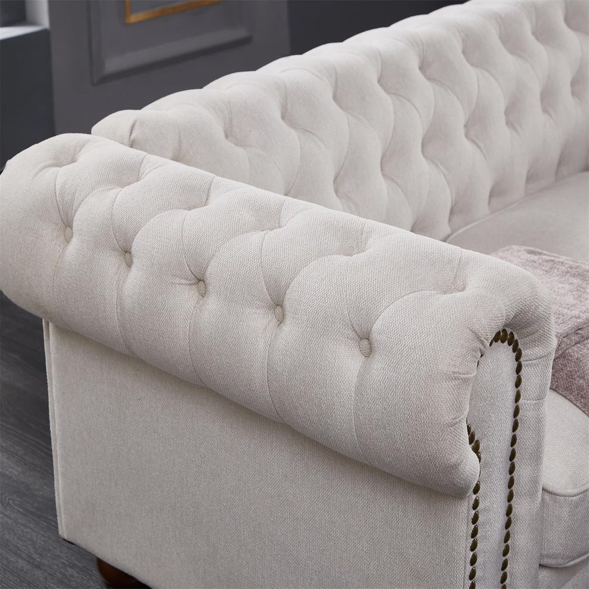 Harper & Bright Designs 3-Seat Chesterfield Sofa with Button Tufted, Nailhead Trim and Solid Wood Legs, Classical Linen Fabric Couch for Living Room, Office, Beige Harper & Bright Designs