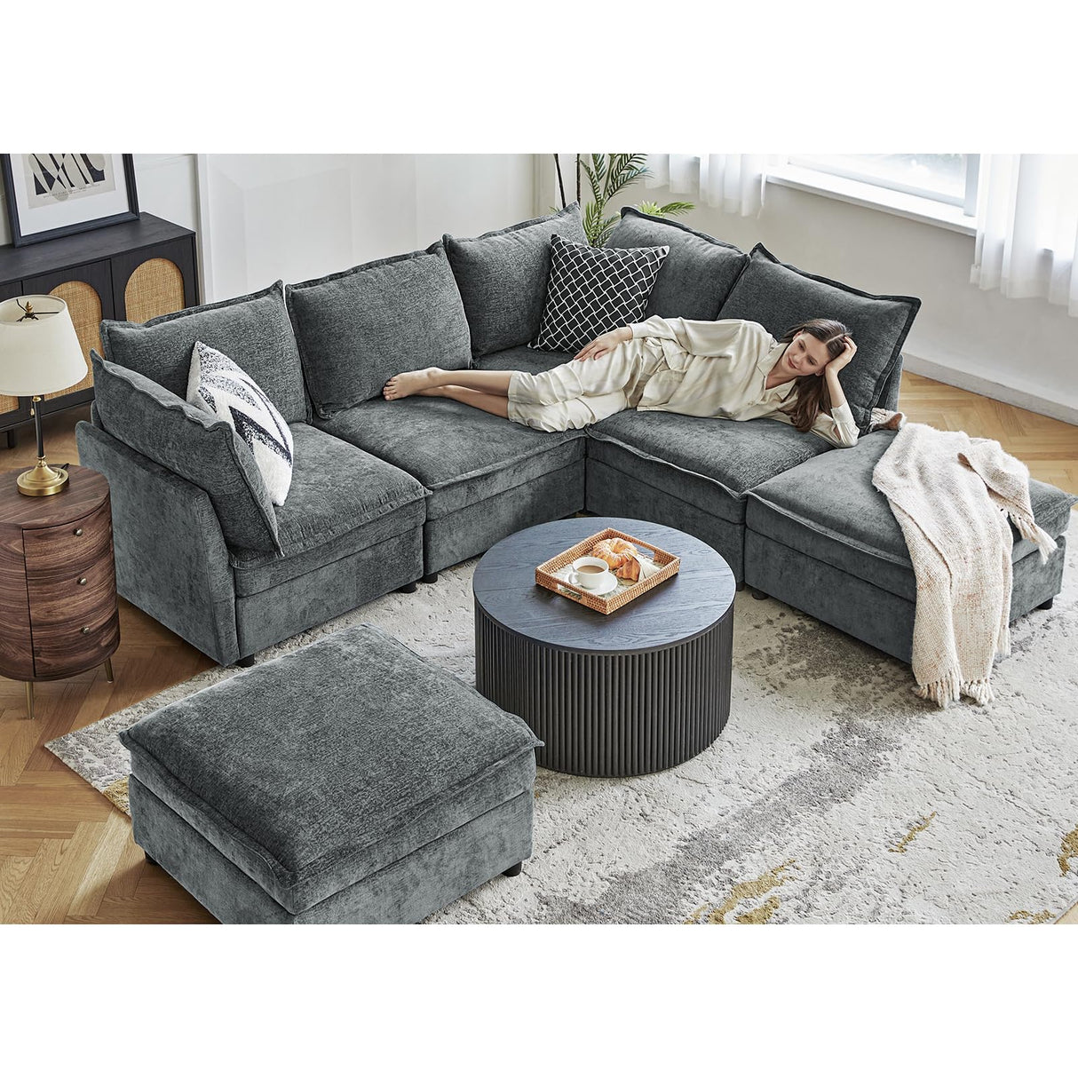 HULALA HOME 127'' Modular Sectional Sofa, Oversized U Shaped Couch with Storage Ottoman, Extra Deep Seat, Modern Comfy Chenille Sofa with Chaise, 6 Seat Convertible Couches for Living Room, Grey HULALA HOME