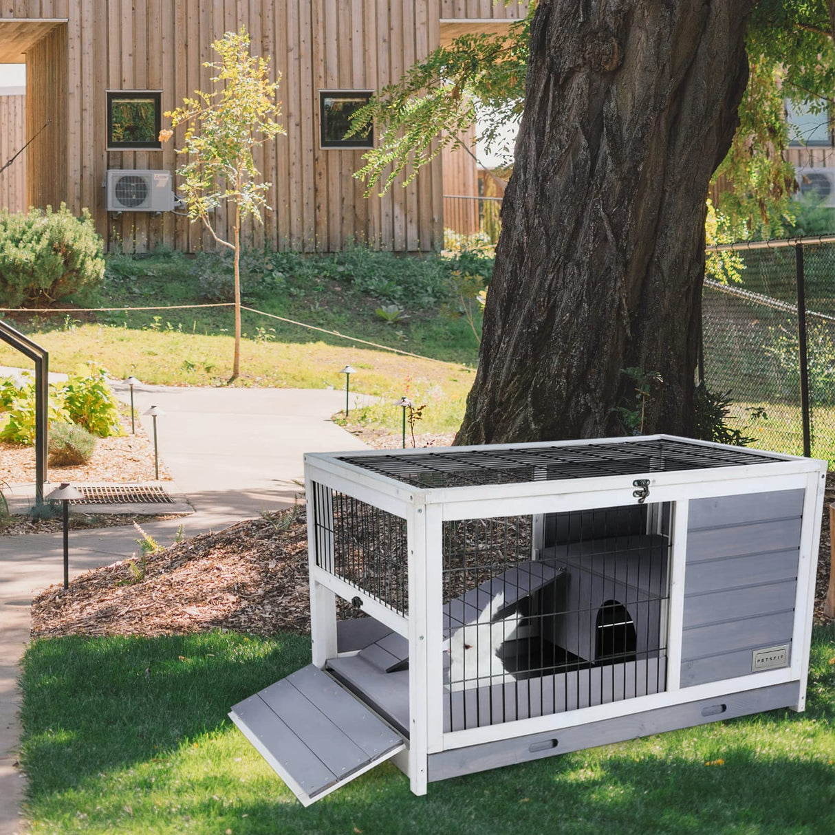 PETSFIT Guinea Pig House Leak Proof Design, Spruce Wood Rabbit Hutch with Bottom Net Hideout for Rest and Ramp for Enter and Out Solid Grey Petsfit