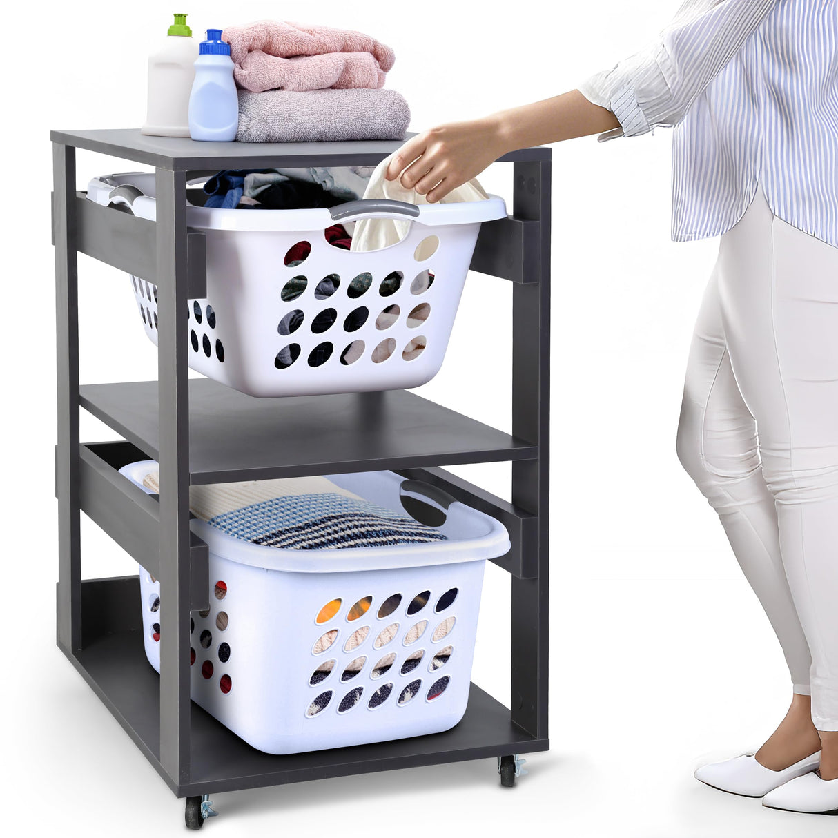 Laundry Basket Holder Shelf (2-Tier) - Stackable Engineered Wood Laundry Tower with Wheels, Tiered Laundry Hamper Organizer for Bathroom, Bedroom LEAPOAK
