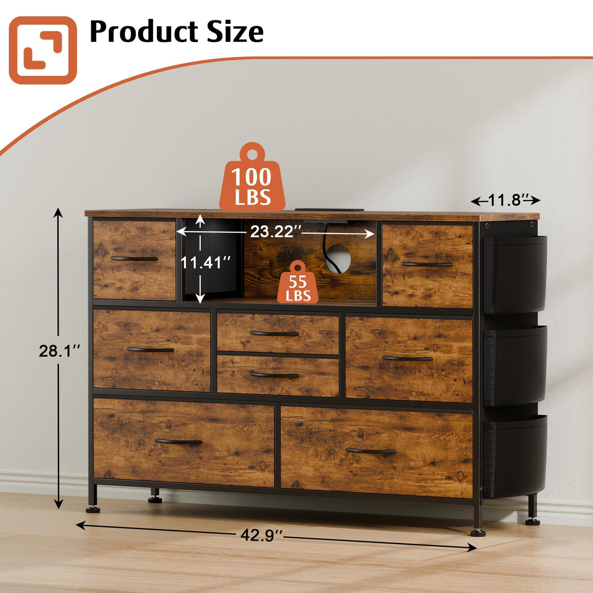 YaFiti Dresser for Bedroom with 8 Drawers, Dresser TV Stand with LED Lights, Fabric Chest of Drawers with Side Pocket for Living Room, Entryway, Bedroom Furniture (Rustic Brown) YaFiti
