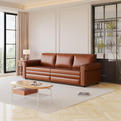 DNChuan 93.7" Pull Out Sofa Bed King Size with Pillows,3-in-1 Convertible Sleeper Couch with Nails Trim,PU Leather 3 Seater Sofabed for Living Room,Light Brown