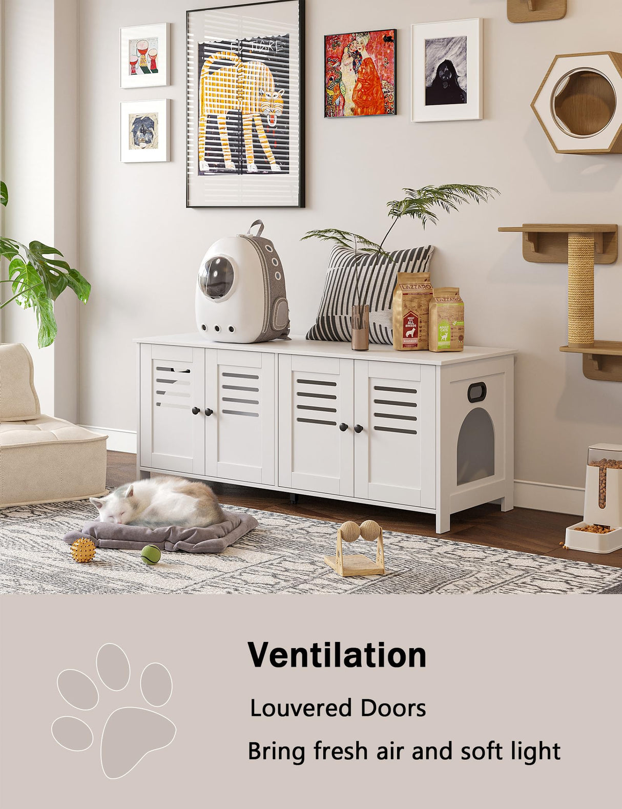 DINZI LVJ Litter Box Enclosure for 2 Cats, Hidden Litter Box Furniture with Double Rooms, Dual Cat Litter House, Front Doors, 47.2" Wooden Hidden Cat Washroom, Side End Table, TV Stand, White DINZI LVJ