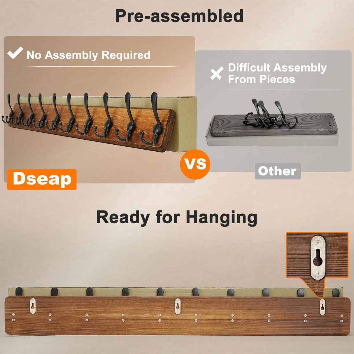 Dseap Coat Rack Wall Mounted - 10 Tri Hooks, 38-1/4" Long, Heavy Duty Wooden Wall Coat Hanger Coat Hook for Clothes Hat Jacket Clothing, Natural & Black Dseap