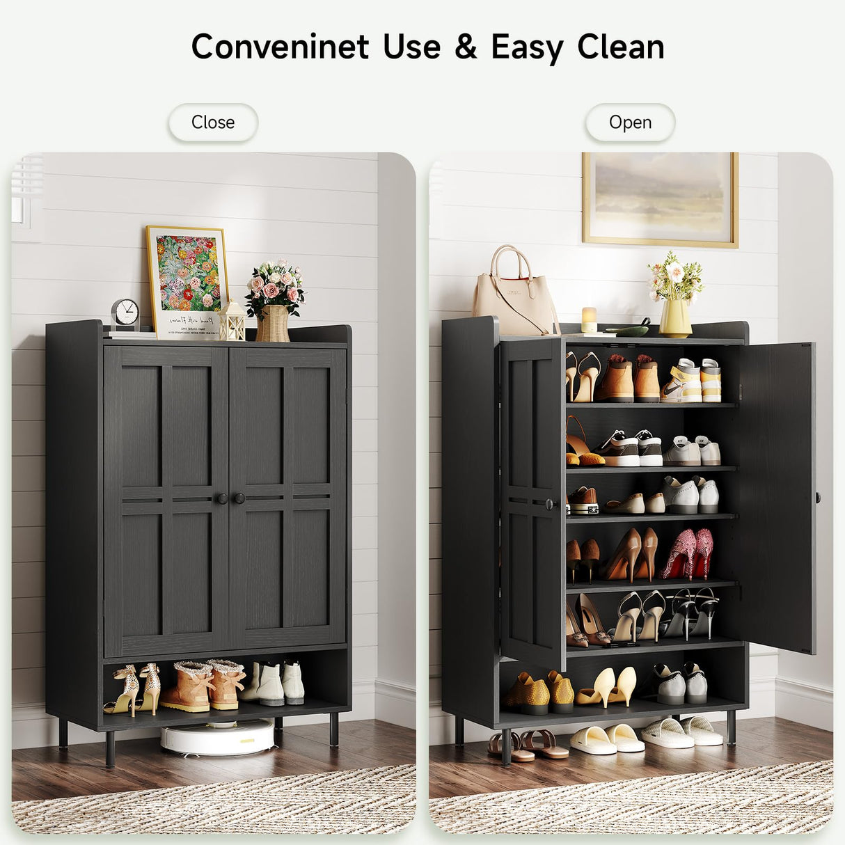 ONBRILL Shoe Cabinet with Cross Molding Doors, 6-Tier Shoe Storage Cabinet with 3 Adjustable Shelves and Metal Legs, 45'' Tall Shoes Rack Organizer Cabinet for Entryway, Front Door, Black ONBRILL