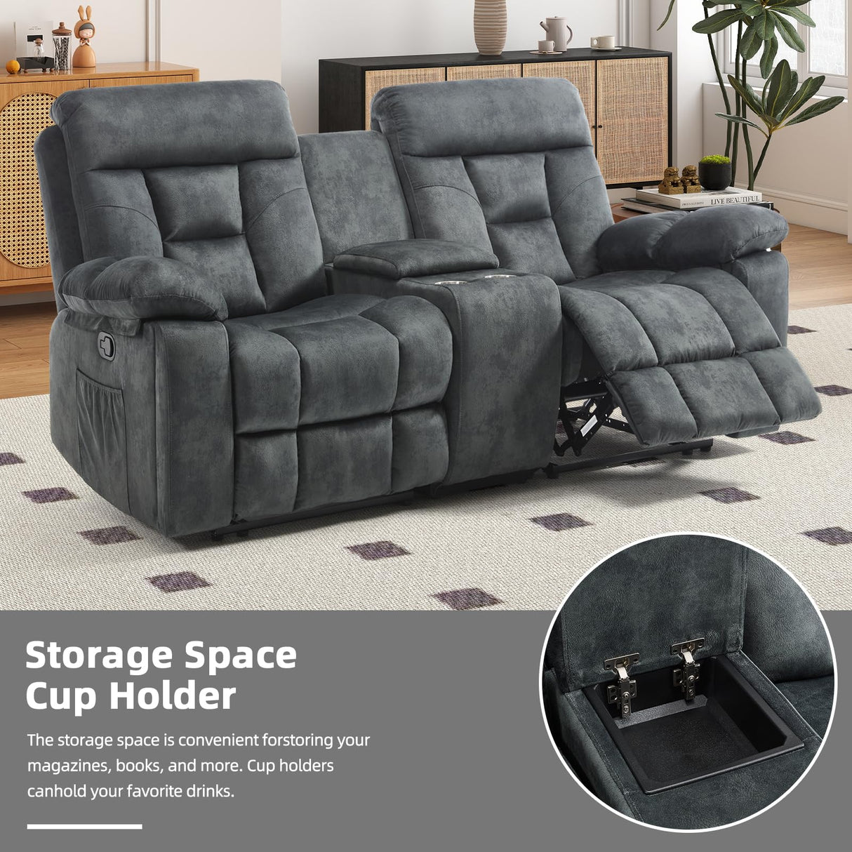 EBELLO Loveseat Recliner Sofa for Living Room, Extra Wide Modern Overstuffed 2 Seat Reclining Manual Sofa Chair, with Hidden Armrest Cup Holders, Breathable Fabric, Grey EBELLO