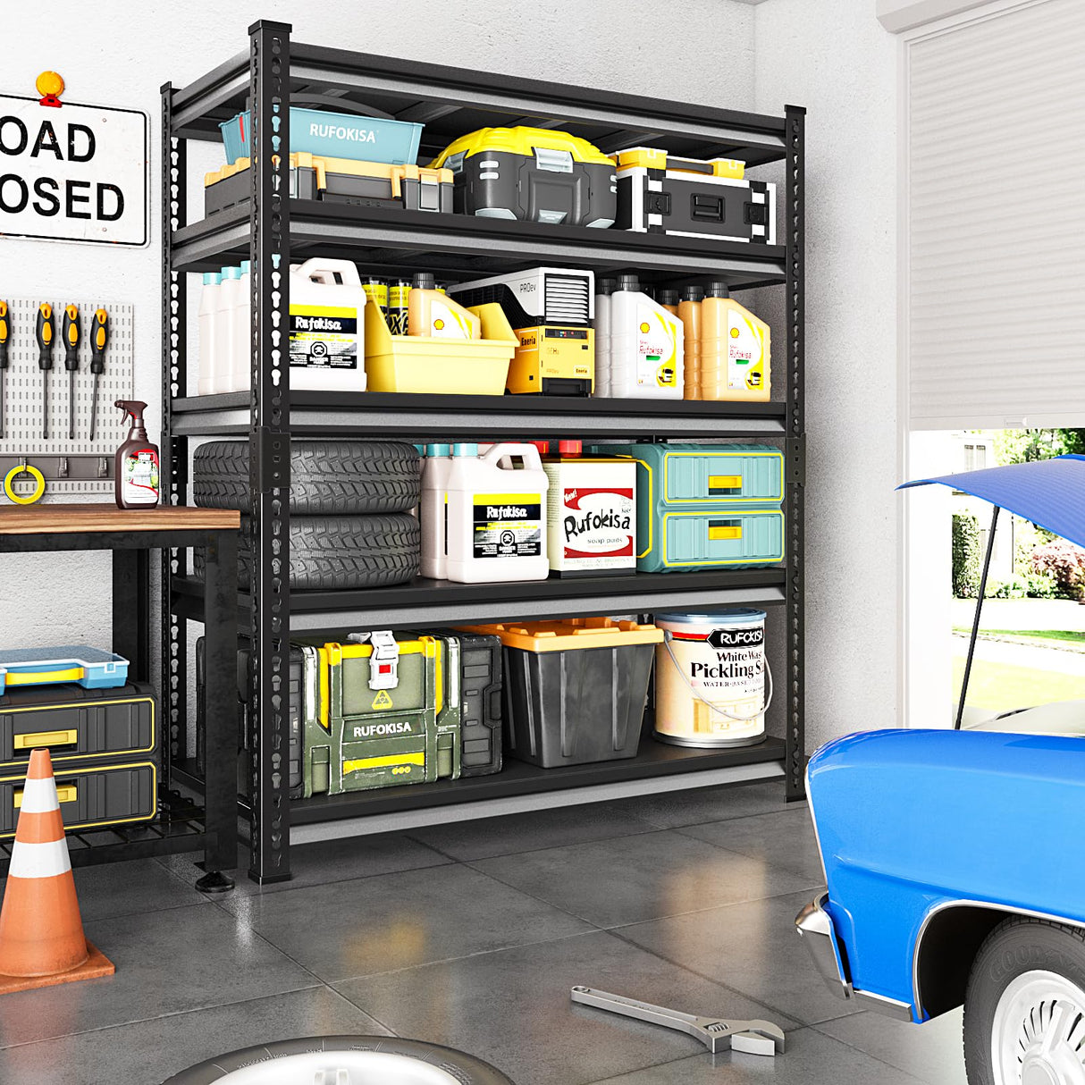 Rufokisa 48" W Garage Shelving Heavy Duty,2500LBS Loads Metal Shelving Units and Storage,5-Tier Garage Storage Shelves Heavy Duty, Industrial Utility Shelves,48”W x 18”D x 78”H(Black) Rufokisa