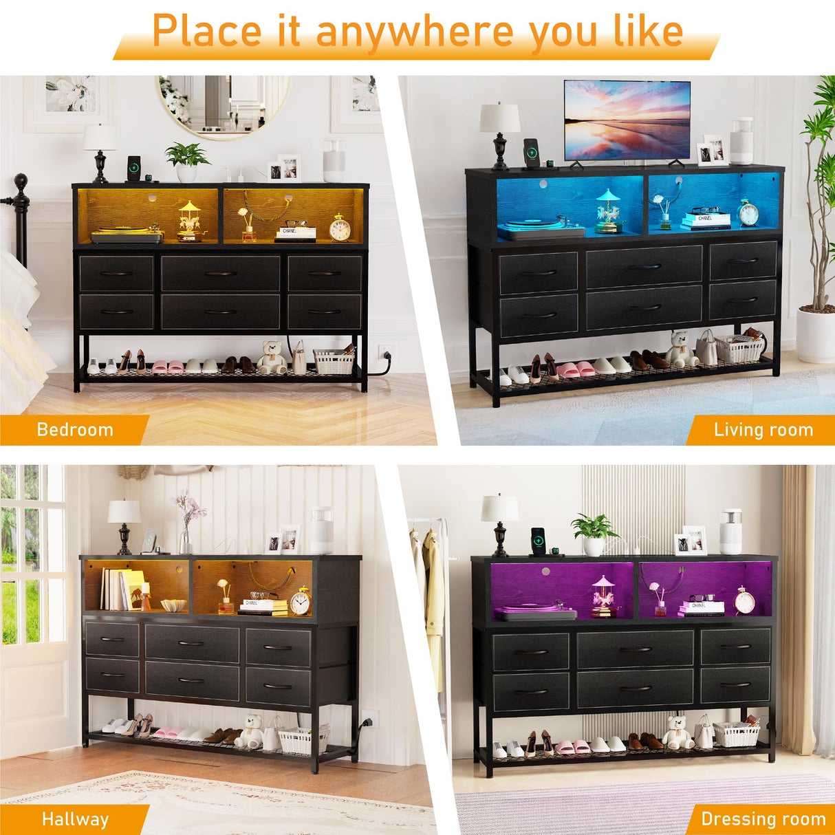 eiskah Black Dresser for Bedroom, 6 Drawers Led Dresser TV Stand with Power Outlets and LED Lights, Long Fabric Dressers Wide Chest of Drawers with Large Organizer Shoe Rack for Living Room, Entryway eiskah