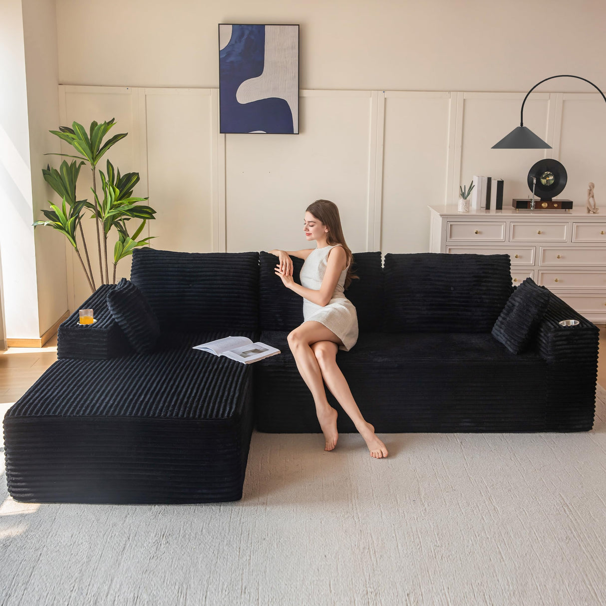 MAXYOYO 104" Modular Sectional Couch with L-Shape Chaise, Modern Boneless Couch for Living Room, Sofa in A Box, Oversized Sofa Sleeper with Deep Seat, No Assembly Required, Black MAXYOYO