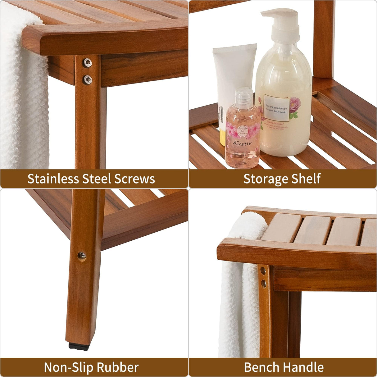 Utoplike Teak Shower Bench Seat with Handles, Portable Wooden Spa Bathing Stool with Storage Towel Shelf, 22" x 13" x 18.6", Perfect for Indoor and Outdoor Use Utoplike