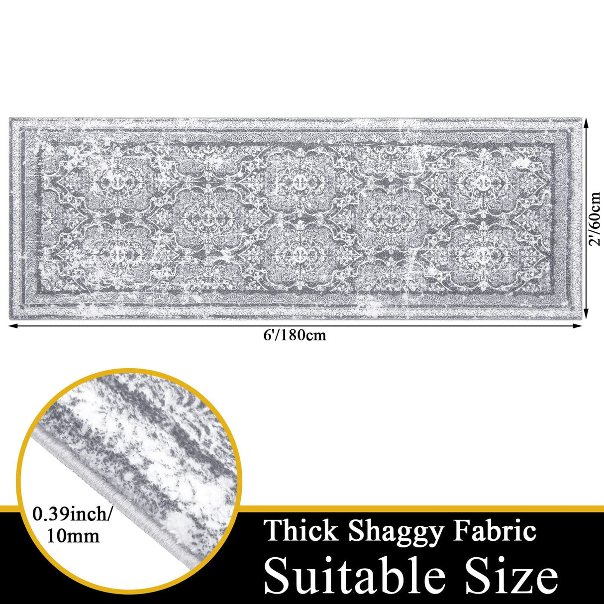 Vaukki Hallway Runner Rug, Vintage Shaggy Soft Laundry Rug Runner, Non Slip Entryway Mat, Washable Farmhouse Kitchen Area Carpet for Bathroom, and Bedroom (2' X 6', Grey) Vaukki