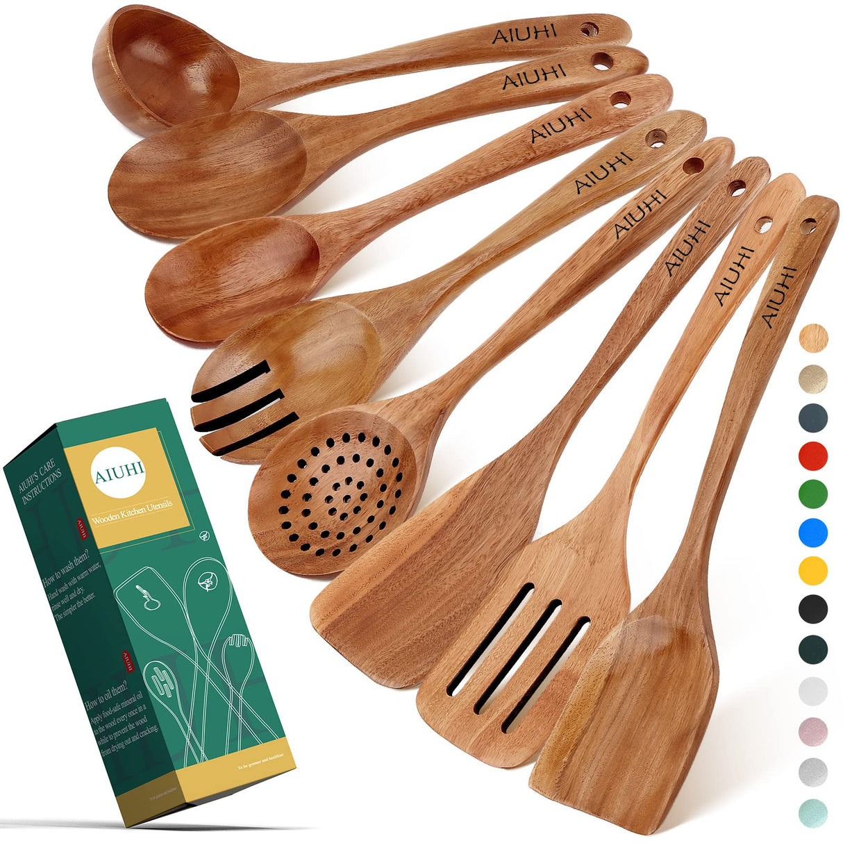 Wood Spoons for Cooking,Nonstick Kitchen Utensil Set,Wooden Spoons Cooking Utensil Set Non Scratch Natural Teak Wooden Utensils for Cooking(Teak 8 Pack) AIUHI