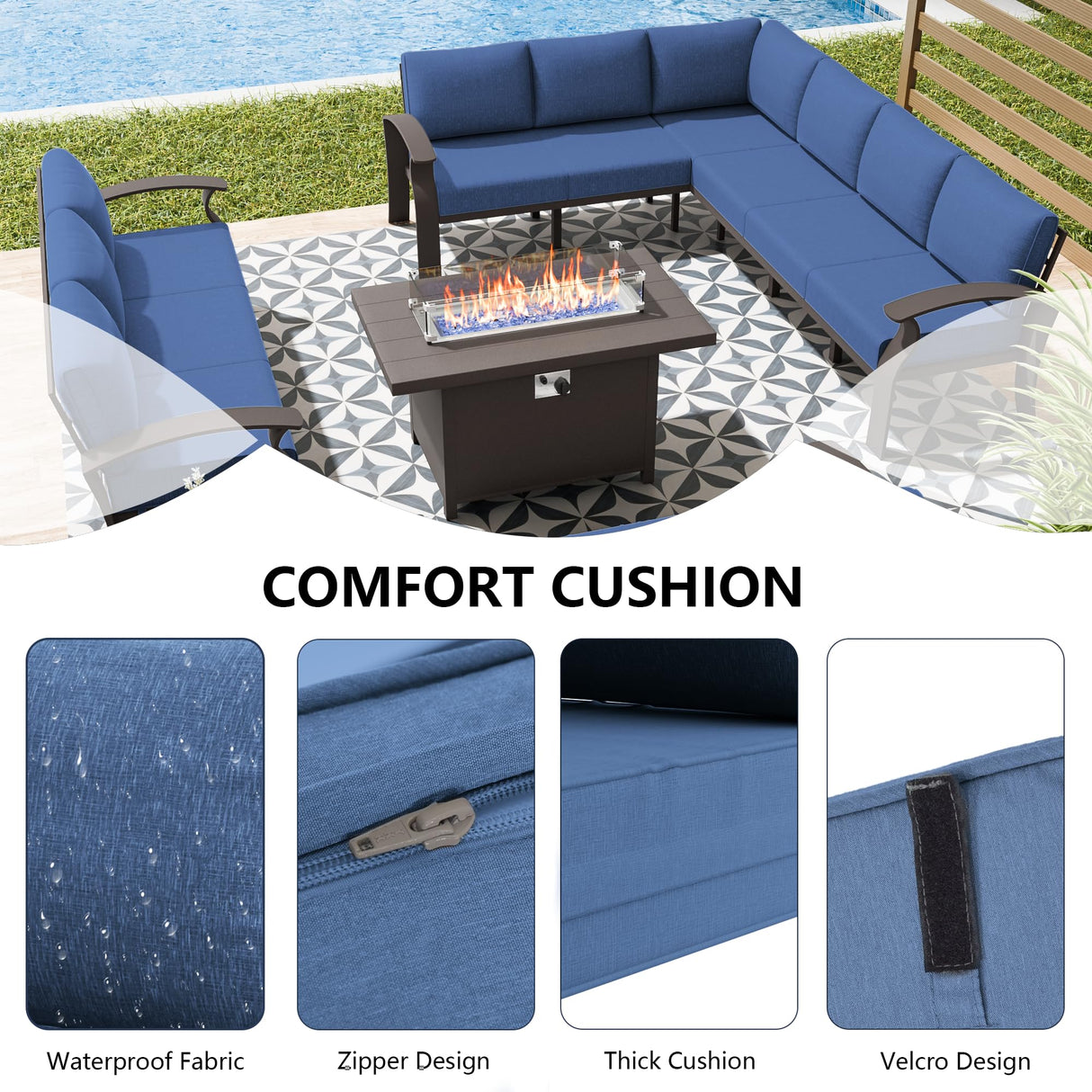 RTDTD Aluminum Patio Furniture Set, 10 Seats Outdoor Patio Conversation Set with Swivel Chair Modern Metal Patio Sectional Sofa with Coffee Table for Patio, Backyard(Navy Blue). RTDTD