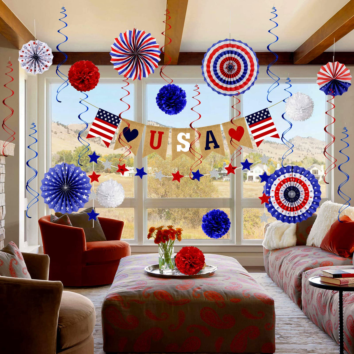 Labrostar 26Pcs Patriotic Decorations - Red, White & Blue USA Flag Party Pack for Fourth of July, Includes Paper Fans, Pom Poms, Hanging Swirls, Banner & Star Streamer Labrostar