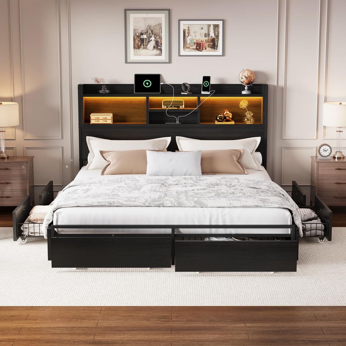 LARMACE King Size Bed Frame with 6 Storage Drawers and Headboard Wooden Platform Bed Frame with LED Lights and Charging Station Easy Assembly/No Box Spring Needed/Black LARMACE