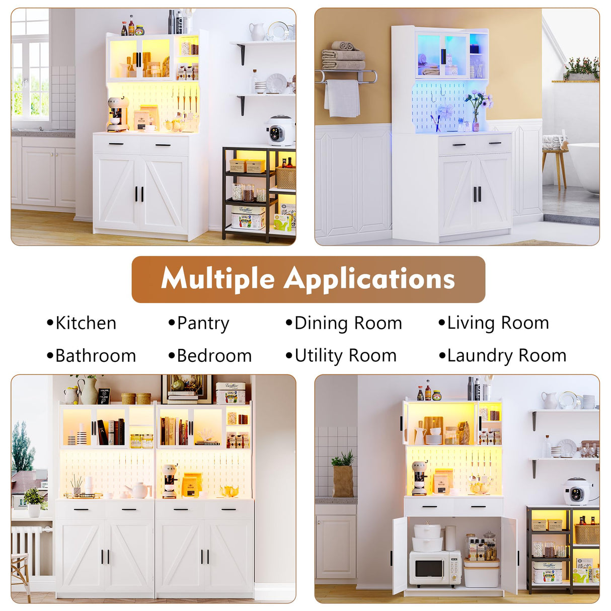 JDPAG LED Kitchen Pantry Cabinet with Outlets, Farmhouse Storage Cabinet with Drawers & Adjustable Shelves, Cupboard with Pegboard and Hooks for Dining Room (White), Large JDPAG