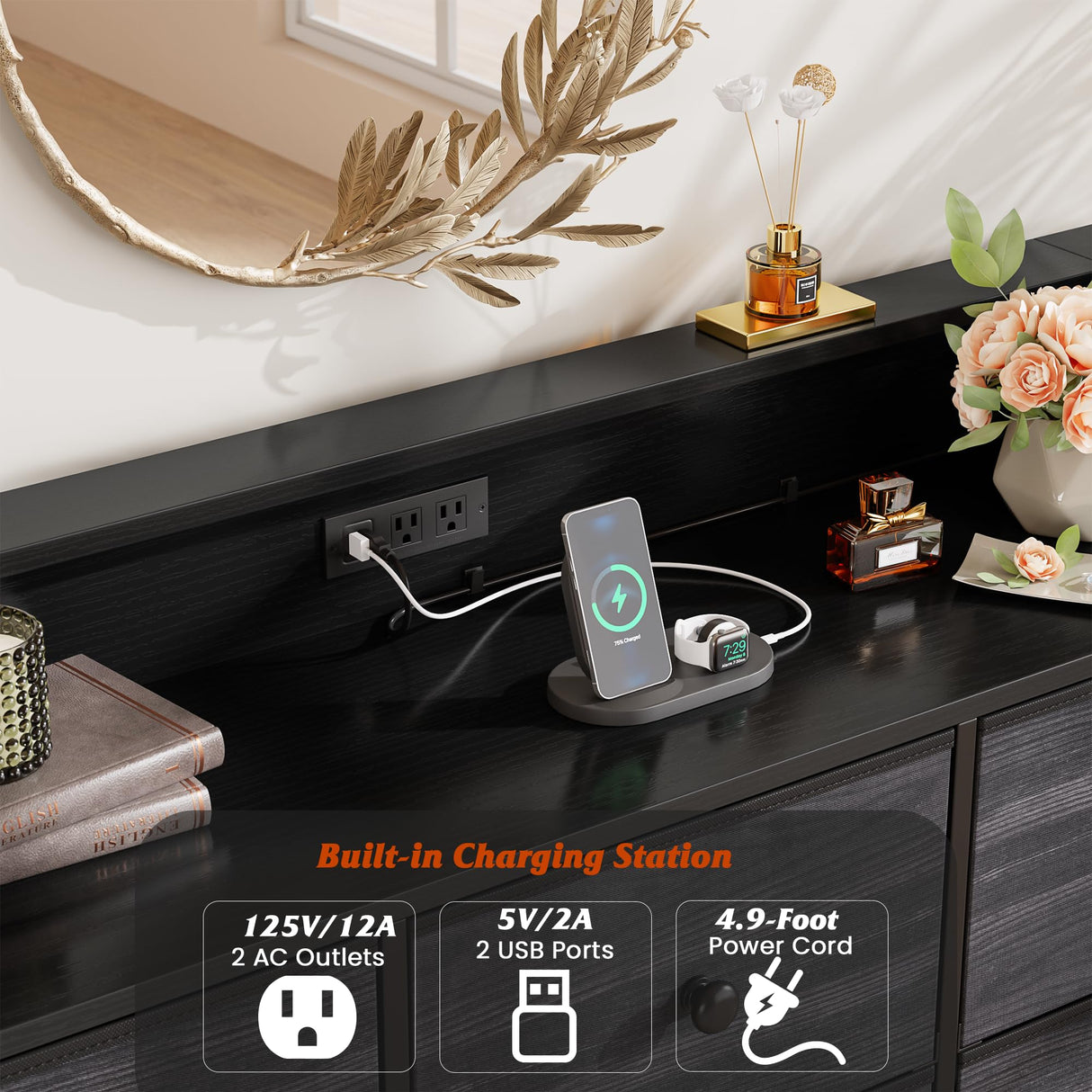 Nicehill Balck Dresser for Bedroom,9 Drawer Fabric Dresser with LED Light,TV Stand for Bedroom with Charging Station,Chests of Drawers for Living Room Hallway,Closet(Black Wood Grain Nicehill