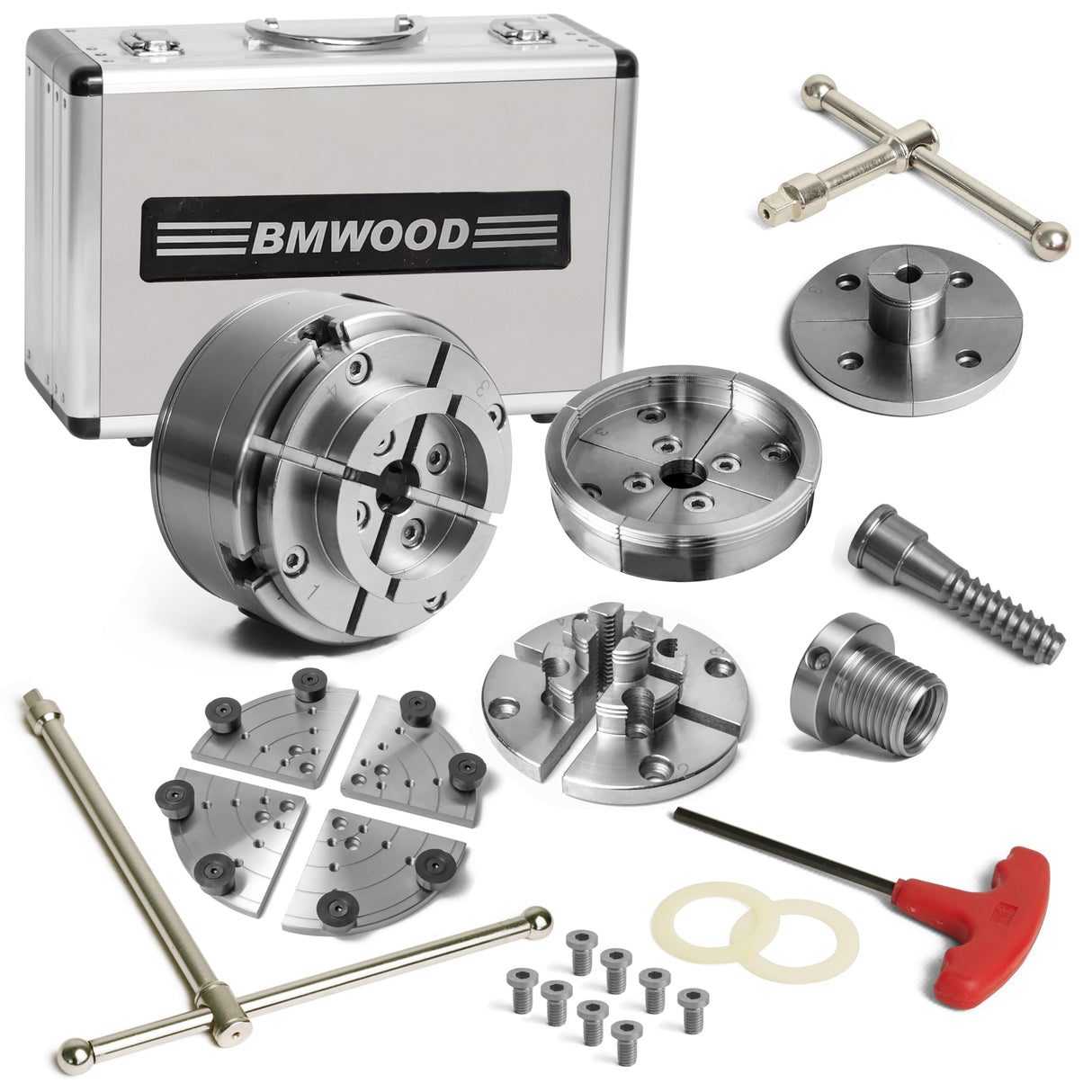 4.5" Woodlathe Chuck, Thread 1-1/4"x8TPI", Dovetail Jaws, Pin Jaws, 8" Flat Jaws, Step Jaws, Wide Jaws, Wood Screw, Thread adaptor to 1"x8TPI, Two Nylon Washers, Two Chuck Keys and T Handle Allen Key. BMWOOD