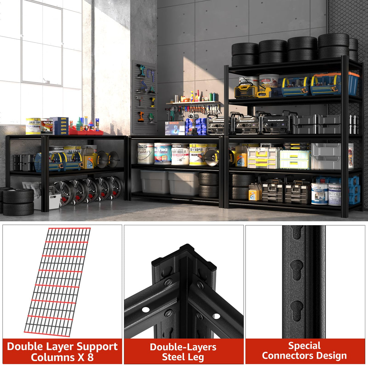 SYLOUGH 55.12" W Father&I 5-Shelf Industrial Adjustable Heavy-Dudy Tall Metal Garage Storage Shelves Shelving Units/Steel Wire Rack System (Commercial) for Basement/Shop, 84" H*55.12" W*24" D*, Black SYLOUGH