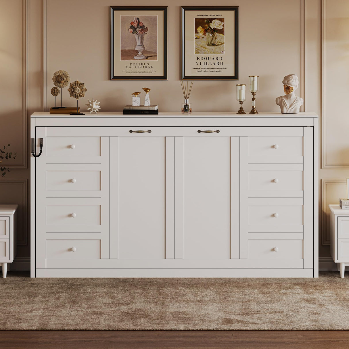 SOFTSEA Twin Size Murphy Bed with LED Light, 2 in 1 Murphy Bed Cabinet, Wooden Wall Bed Cabinet for Small Spaces, No Box Spring Needed, White+Brown SOFTSEA