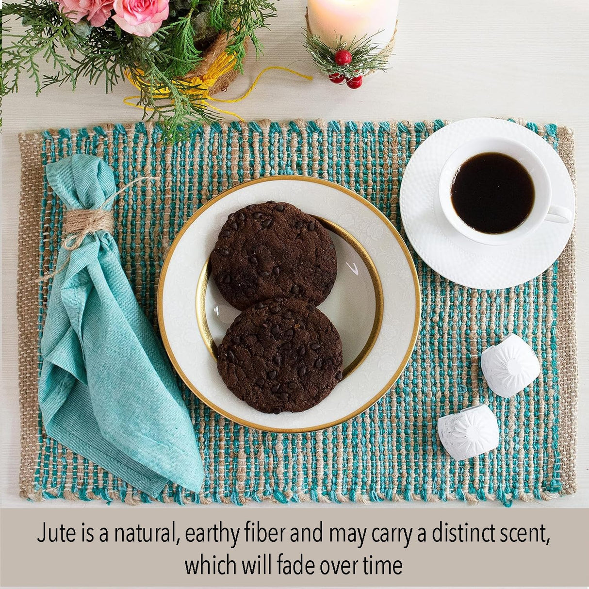 Chardin Home Natural Jute & Aqua Turquoise Placemats, Set of 4 – Rustic Handmade Boho Table Mats, 13x19 in Dining Table Placemats - Kitchen, Everyday Meals, Holidays, Farmhouse or Modern Table Décor Chardin home