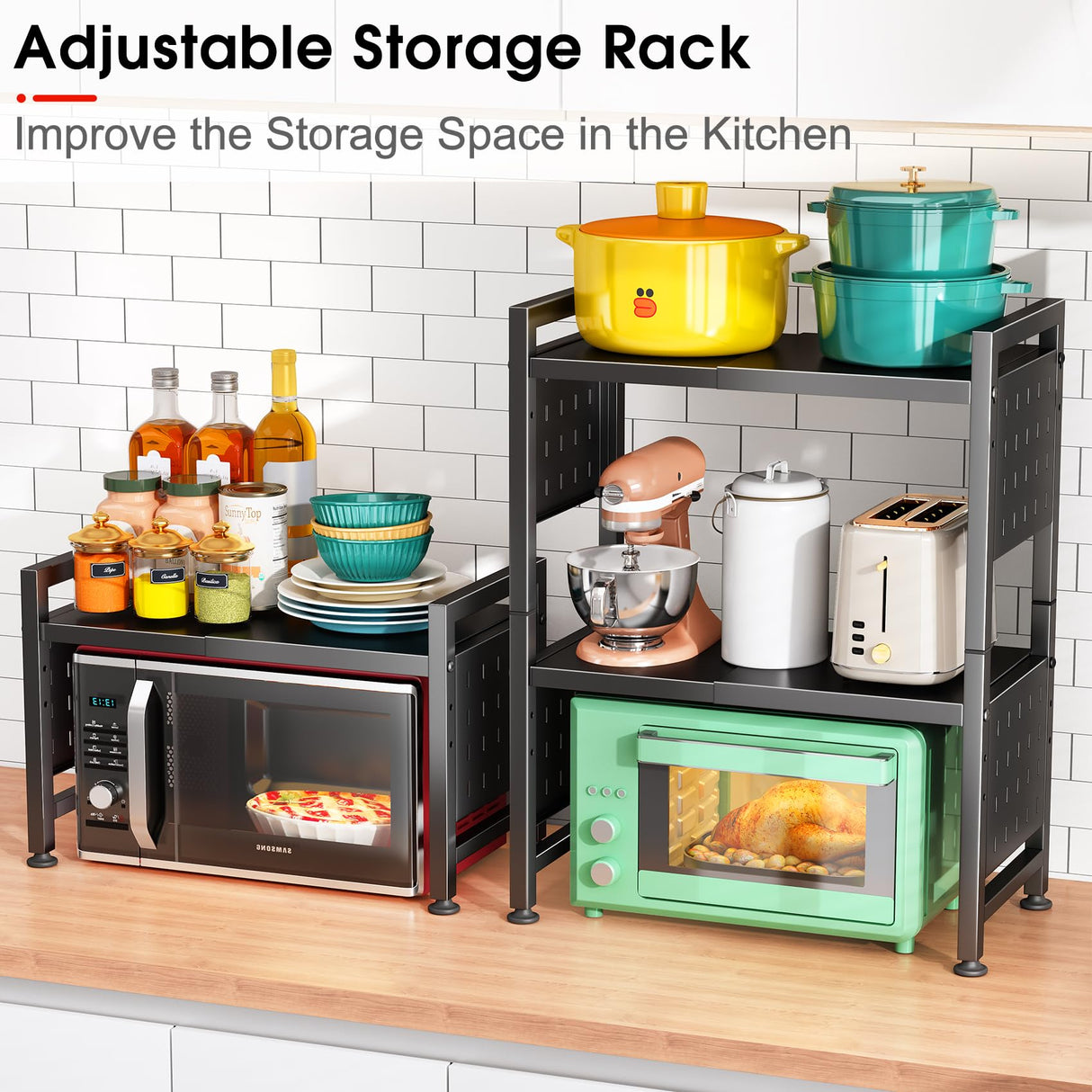 Adjustable Microwave Stand,Microwave Oven Rack Shelf Heavy Duty 3-Tier Shelf with 9 Hooks for Kitchen Shelves Counter Top Organizer, Holds 180lbs Bakers Racks for Kitchens,with Cutting Boards Stand Kitstorack