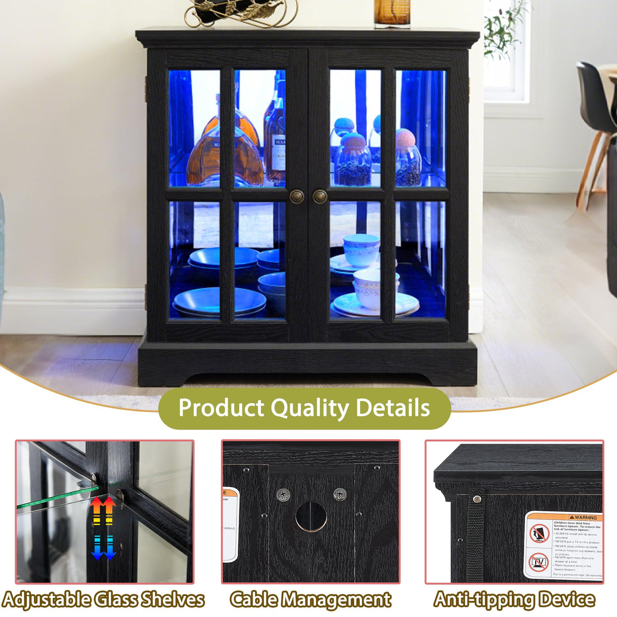 TRJQBCC 30" Glass Curio Display Storage Cabinet with LED Light, Modern 2 Lattice Doors Tableware Display Sideboard w/Adjustable Shelves, Retro Design Quality Showcase Bookcase for Home (Black) TRJQBCC