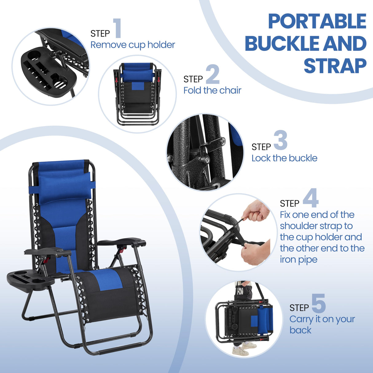 Yaheetech Padded Zero Gravity Recliner, Foldable Outdoor Patio Chairs, Adjustable Anti Gravity Lounger for Backyard Camping w/Carry Strap, Cup Holder, Pillow Navy Blue/Black Set of 2 Yaheetech