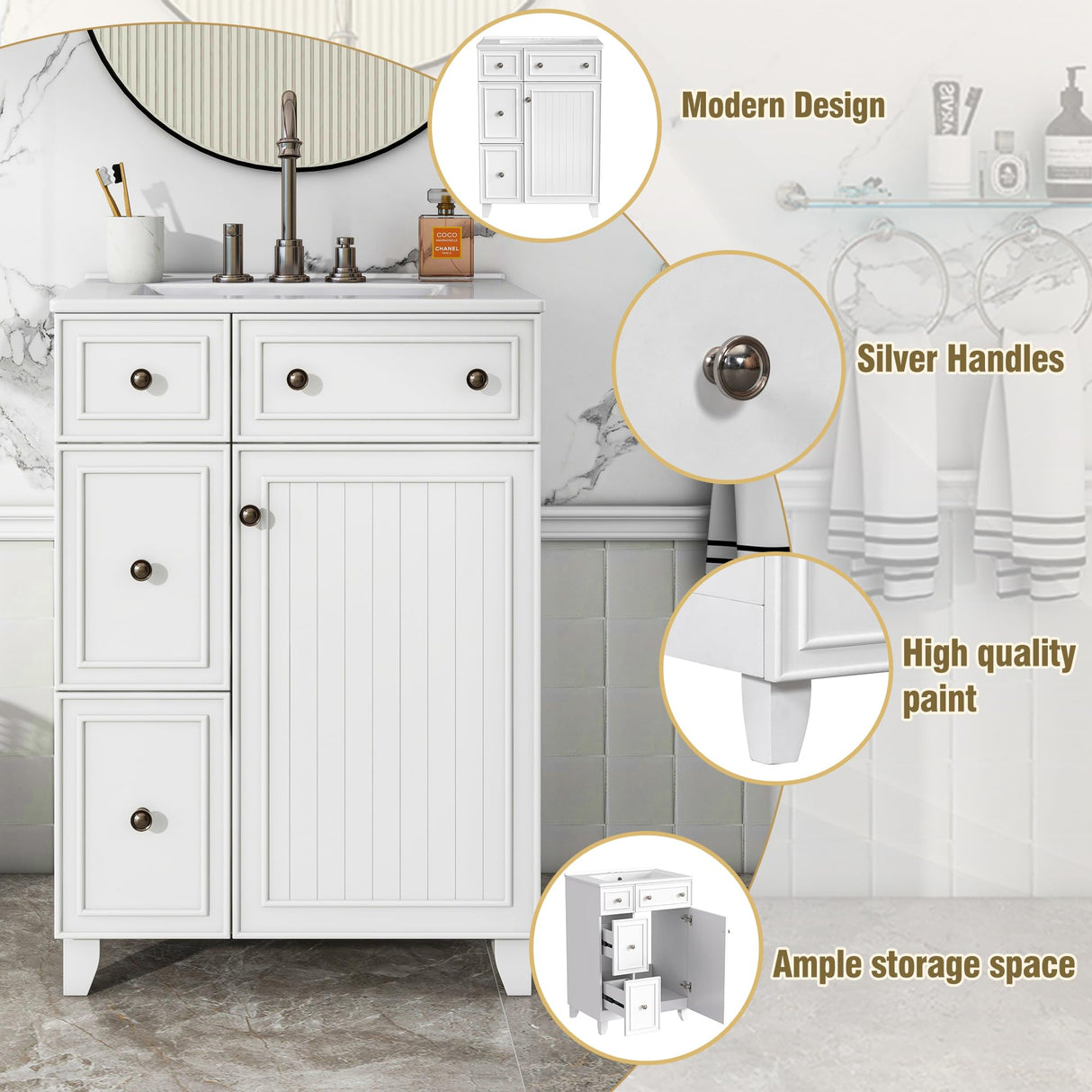 Harper & Bright Designs 24" Bathroom Vanity with Sink, Free Standing Single Basin Vanity Set with Two Drawers and One Door, Modern Wooden Bathroom Cabinet with Ceramic Basin for Bathroom, White Harper & Bright Designs