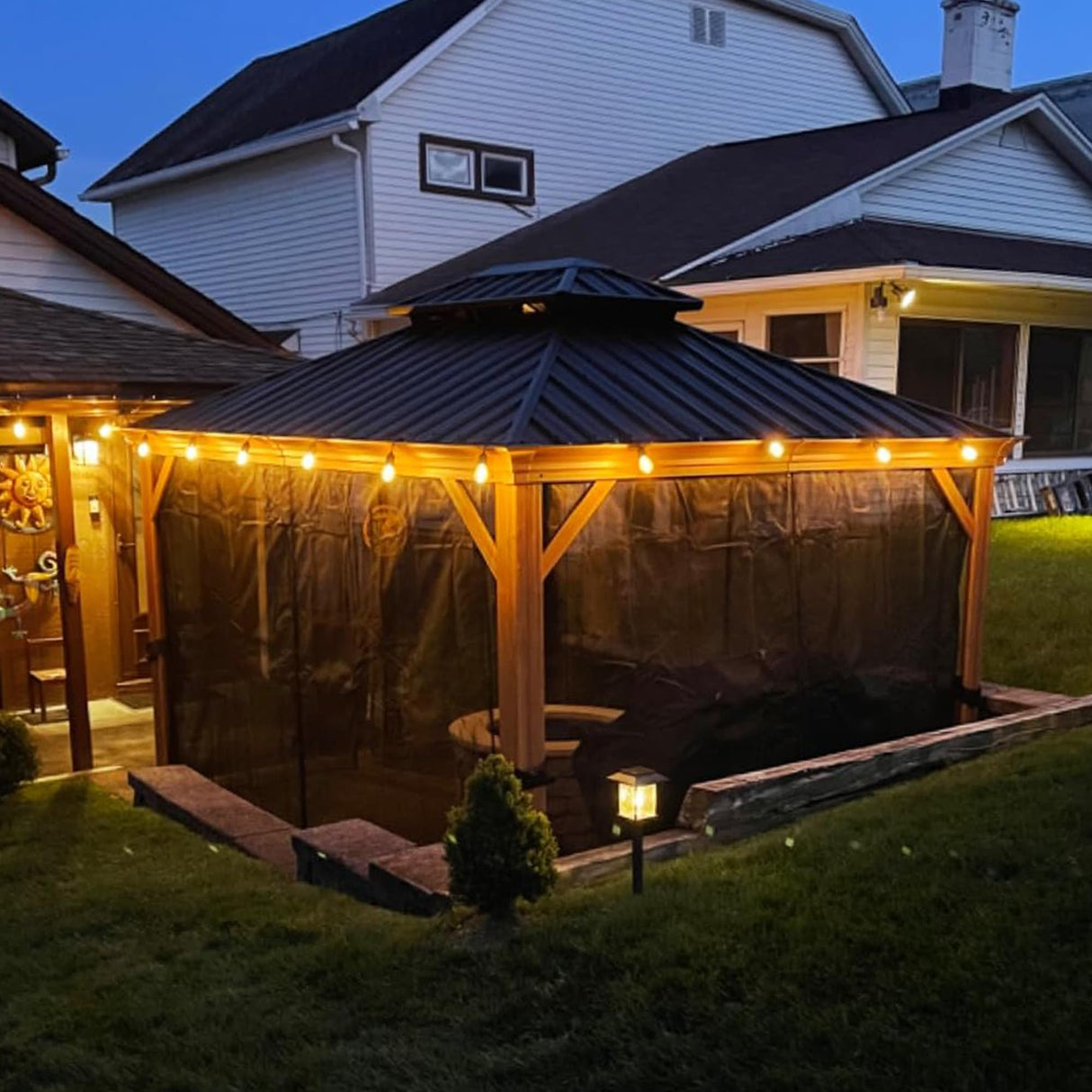 PURPLE LEAF 10' X 12' Outdoor Hardtop Gazebo for Patio Galvanized Steel Double Roof Permanent Canopy Teak Finish Coated Aluminum Frame Pavilion Gazebo with Netting and 24 Solar String Lights PURPLE LEAF
