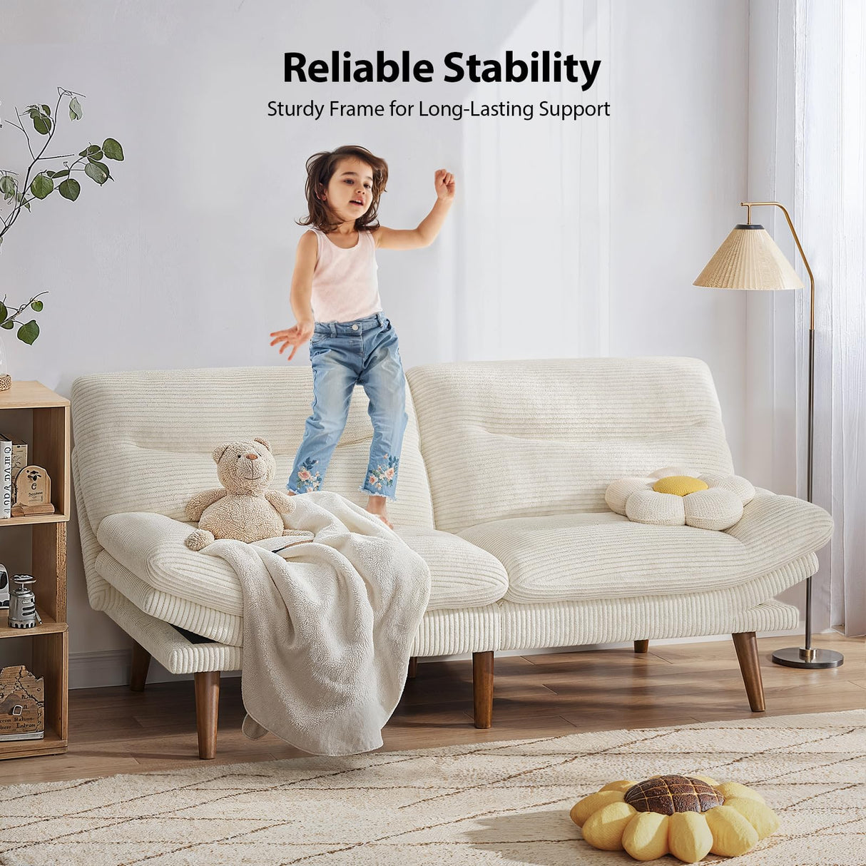 Pipishell Convertible Futon Sofa Bed,66" Corduroy Futon Couch with Adjustable Backrest and Armrests, Recliner Sleeper Sofa for Small Spaces, Play Room or Office, White Pipishell