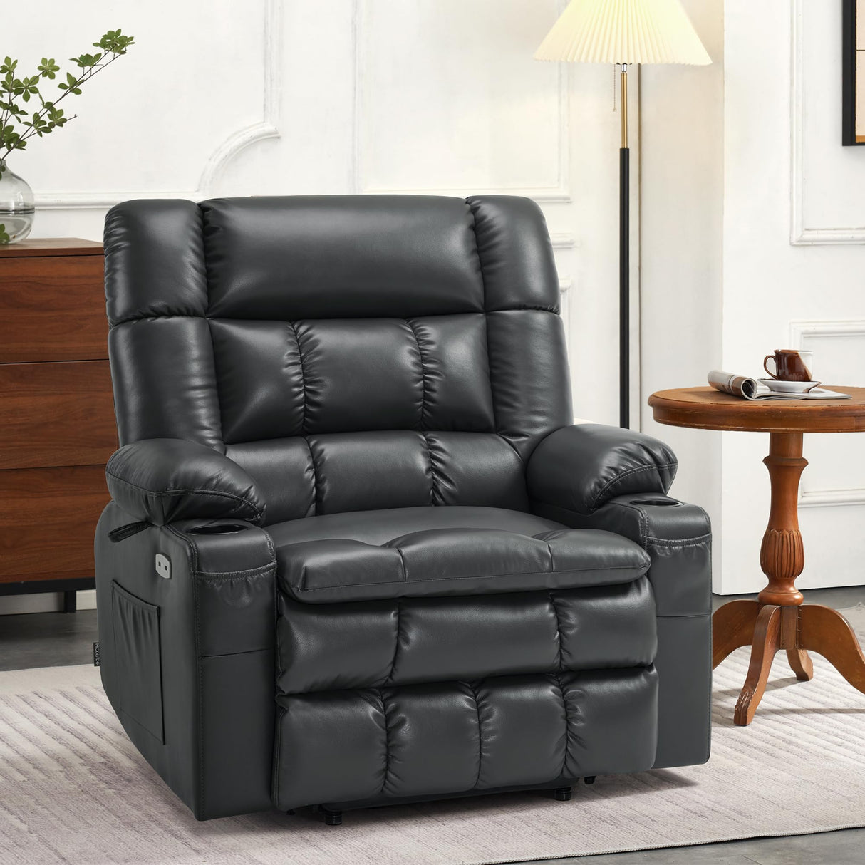 MCombo Dual Motor Power Lift Recliner Chair for Elderly, Lay Flat Lift Chair with Heat and Massage, Petite Wide Lift Chair, Cup Holders, USB A&C Ports, Faux Leather R7894 (Black, Small-Wide) MCombo